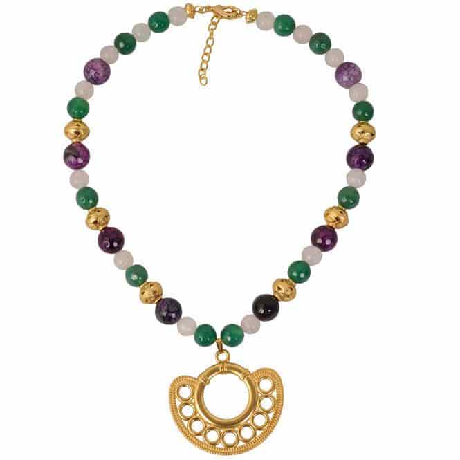 Collar Piedra Semipreciosa Ágatas Morada y Verde, Cuarzo Rosado y Dije Extragrande Nariguera Filigrana Simple Sinú - miniatura 1