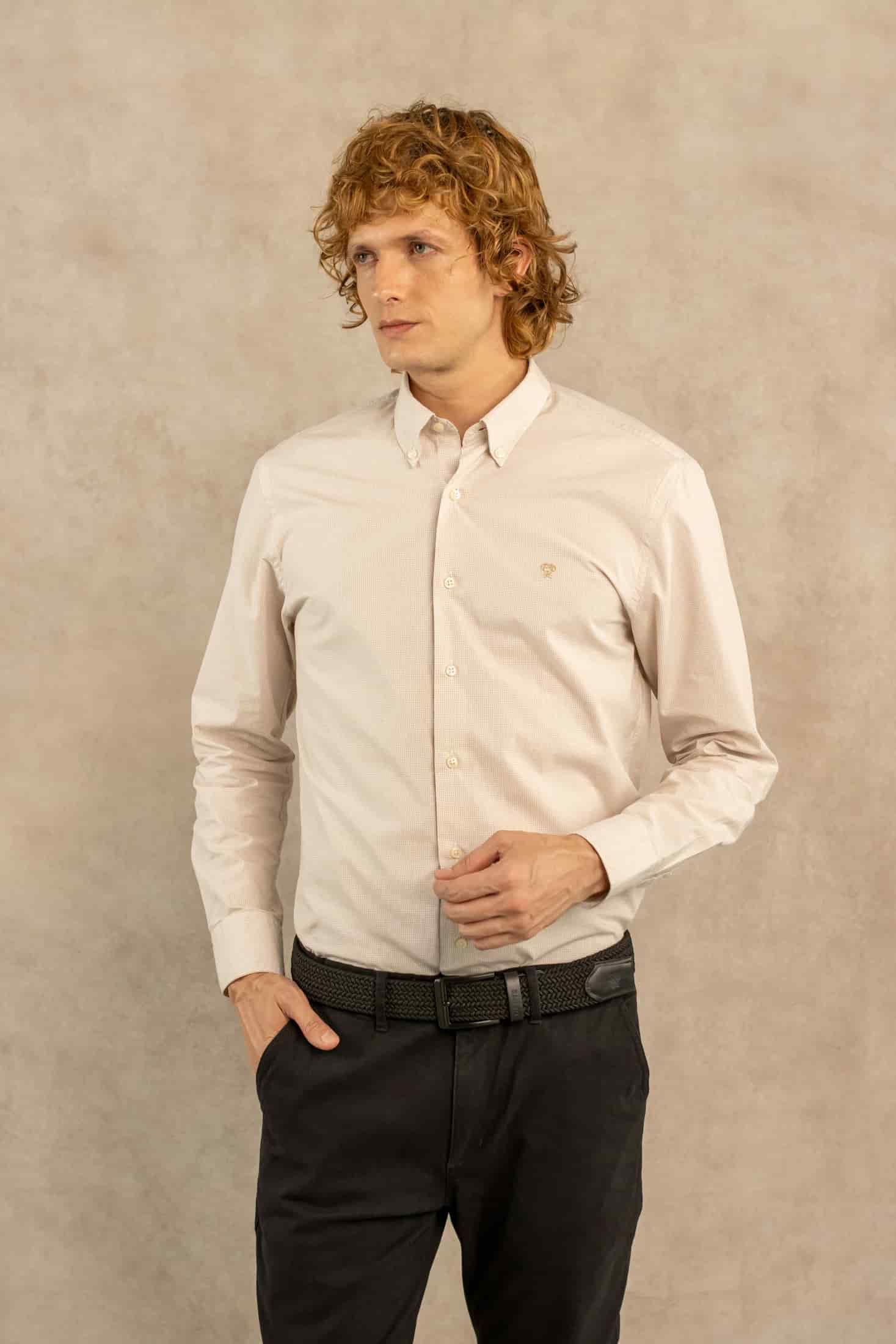 Camisa Antimanchas Popelina Cuadros Pequeños Beige - miniatura 1