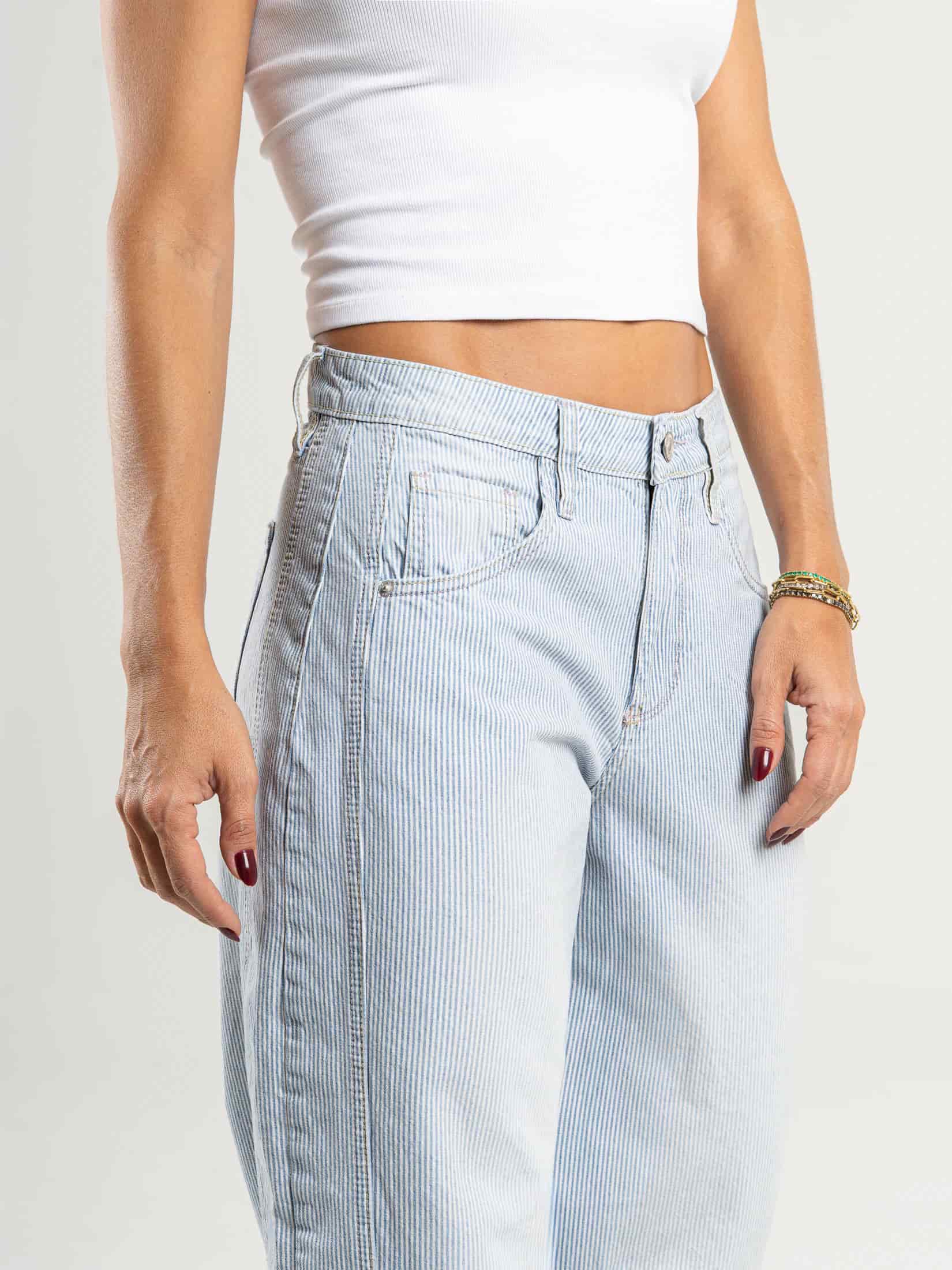 Ref: 066089 Jean wide leg, rayas, rígido, tiro alto, tono azul, pinzas en pierna - miniatura 4