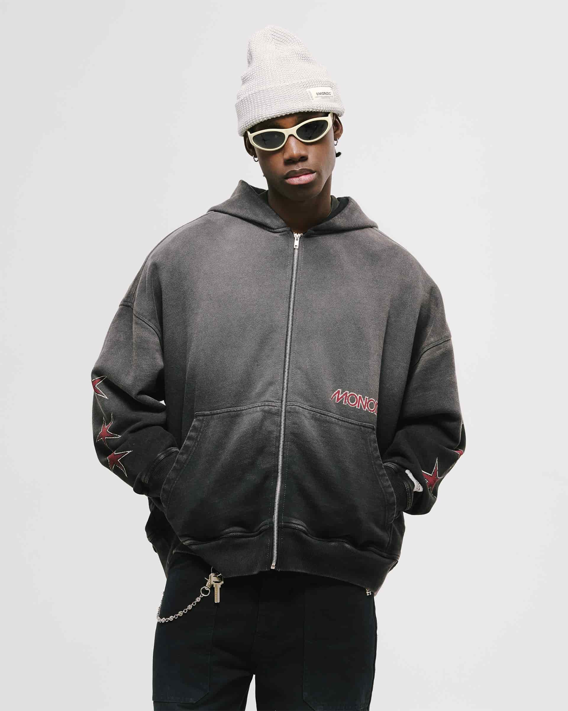 Zip Hoodie Monoic Records - Negro Desgastado - miniatura 5