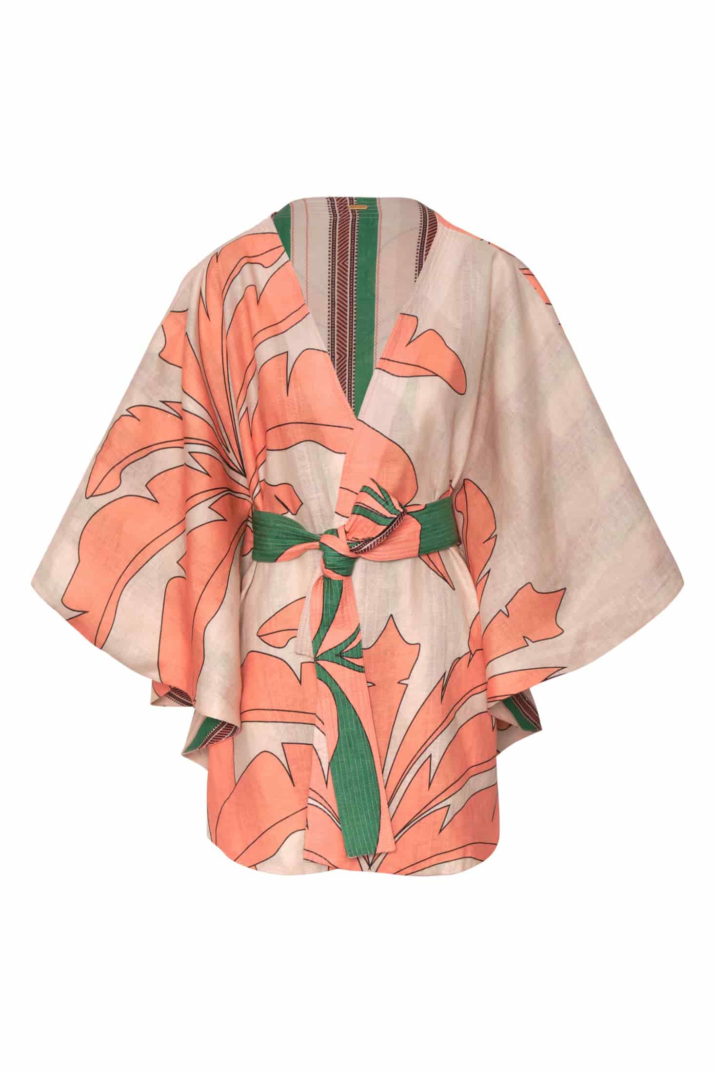 Cavalo Linen Poncho / Peach Palms - Green Artisanal Stripes - miniatura 5