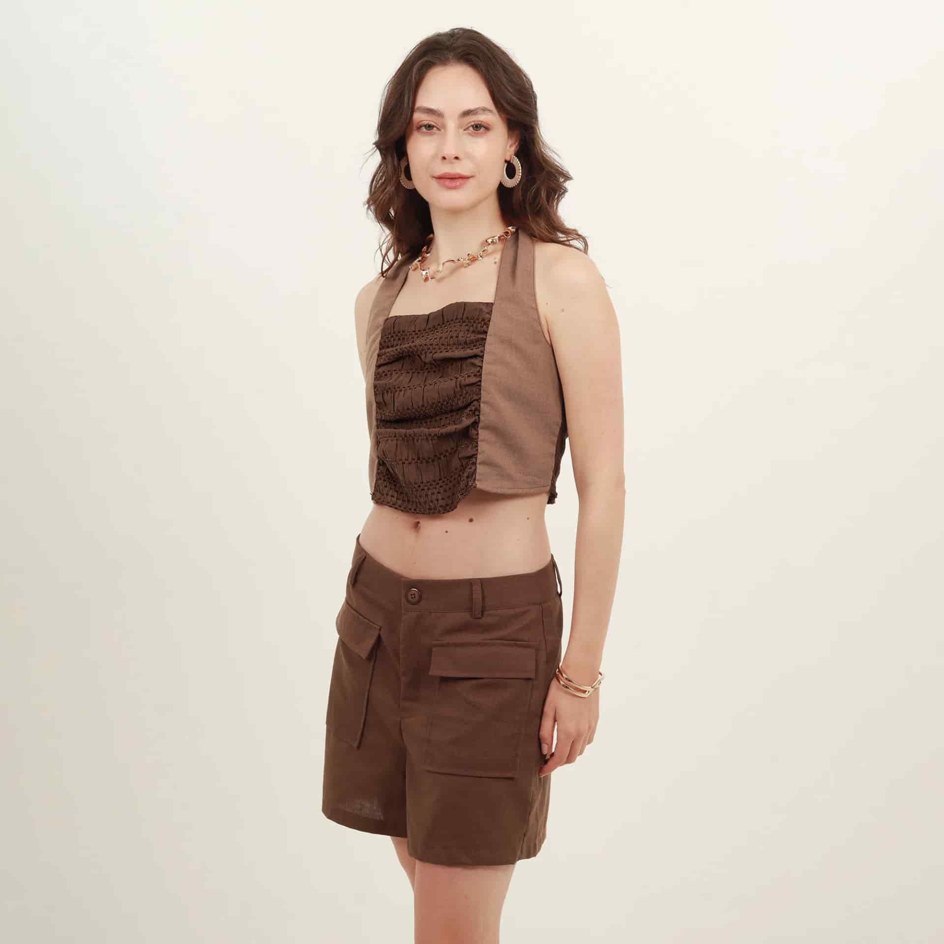 Blusa cuello recto manga sisa con lazo en cuello - miniatura 4