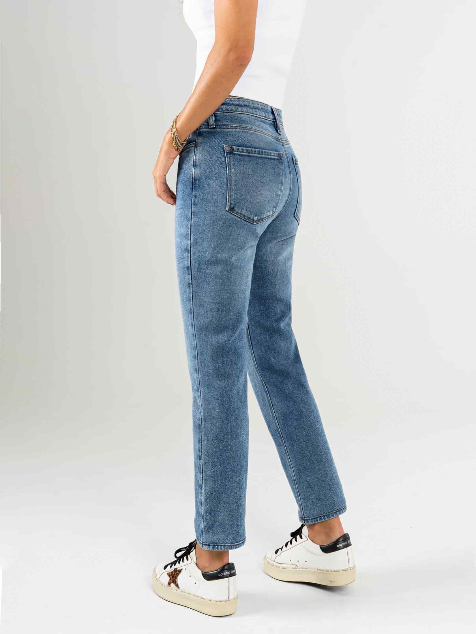 Ref: 065803 Jean Mom fit, slim cropped, stretch, tiro alto, tono azul medio claro - miniatura 3