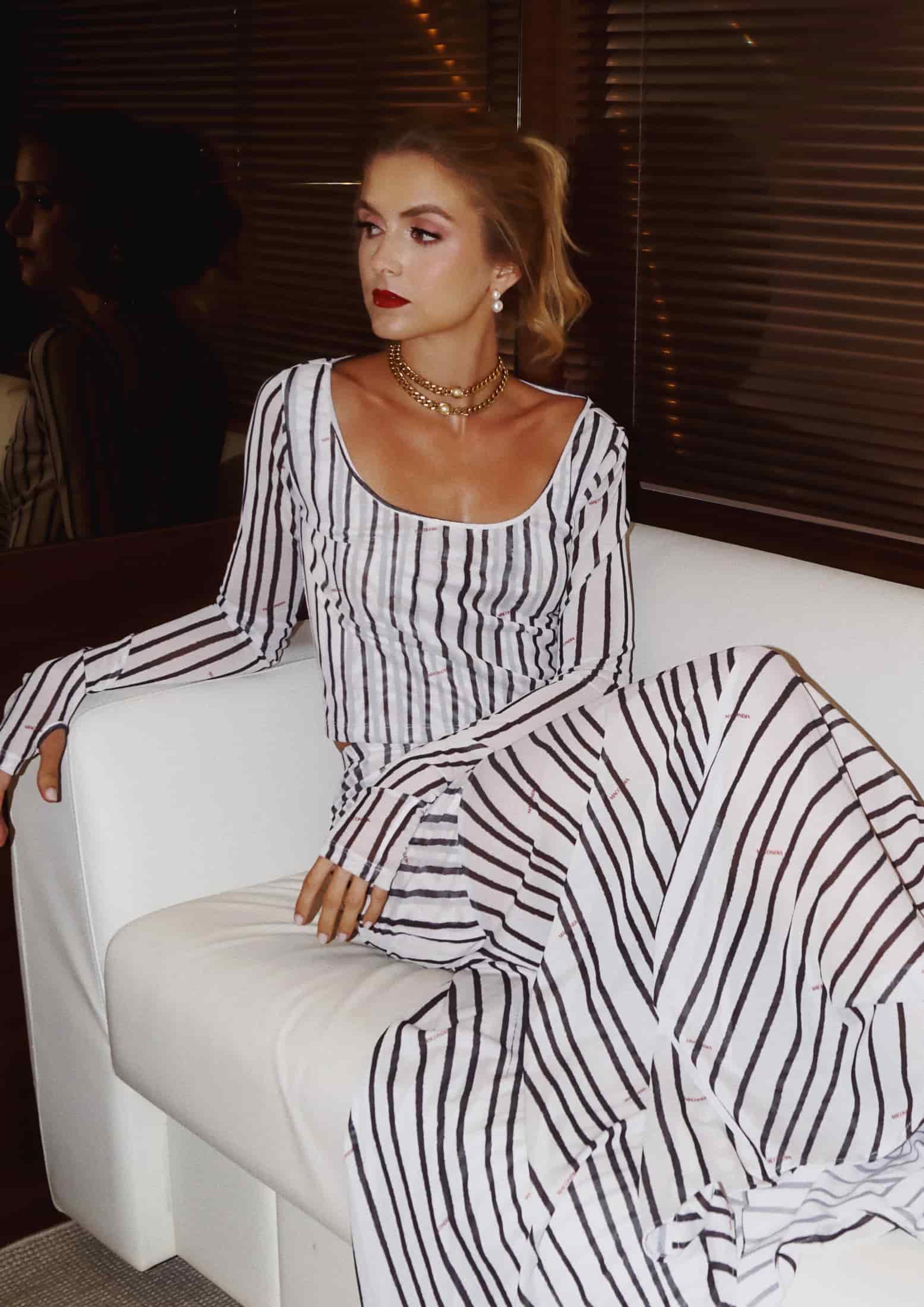 White Stripes Mesh Long Sleeve Blouse - miniatura 3