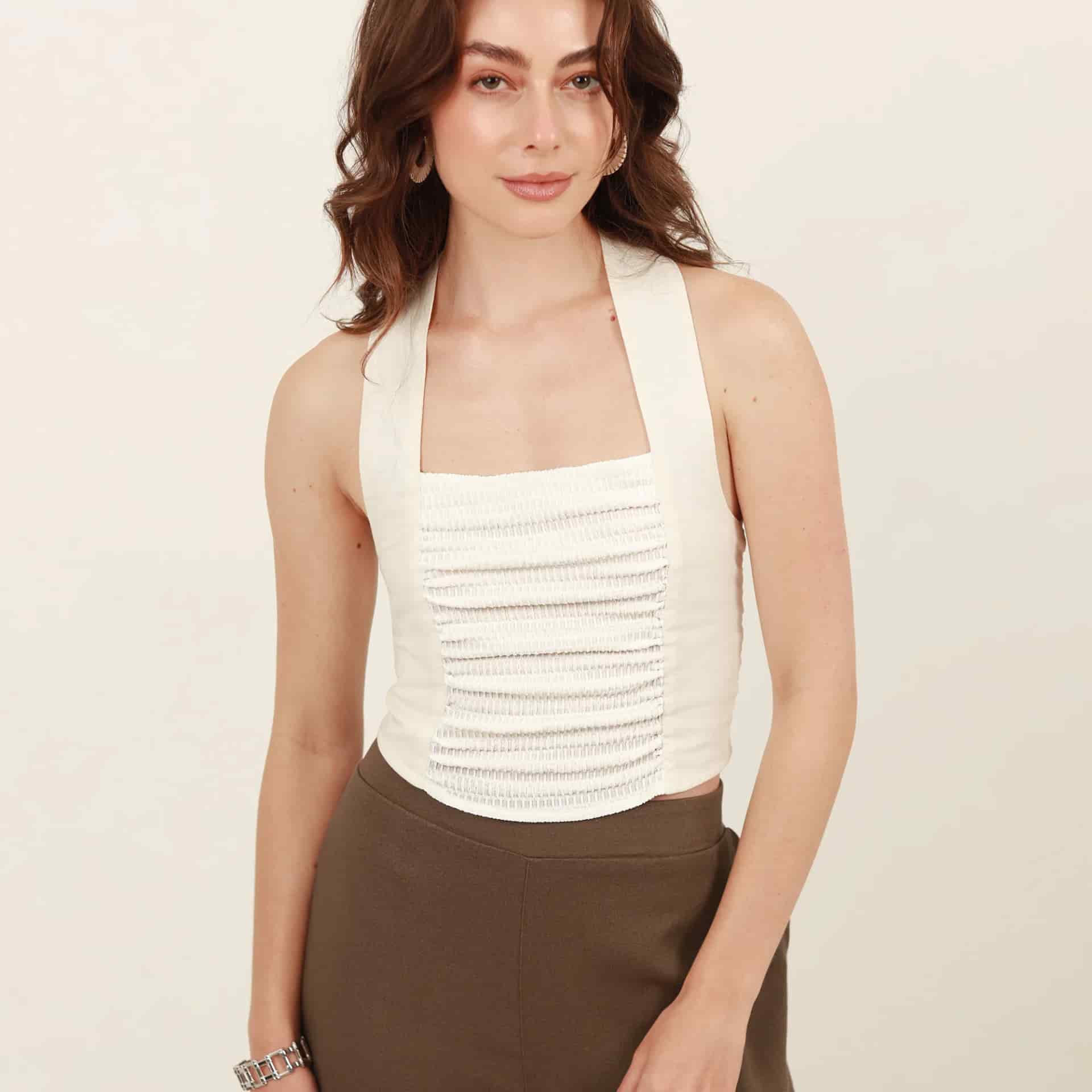 Blusa con lazo en cuello y combinación de tejidos - miniatura 7