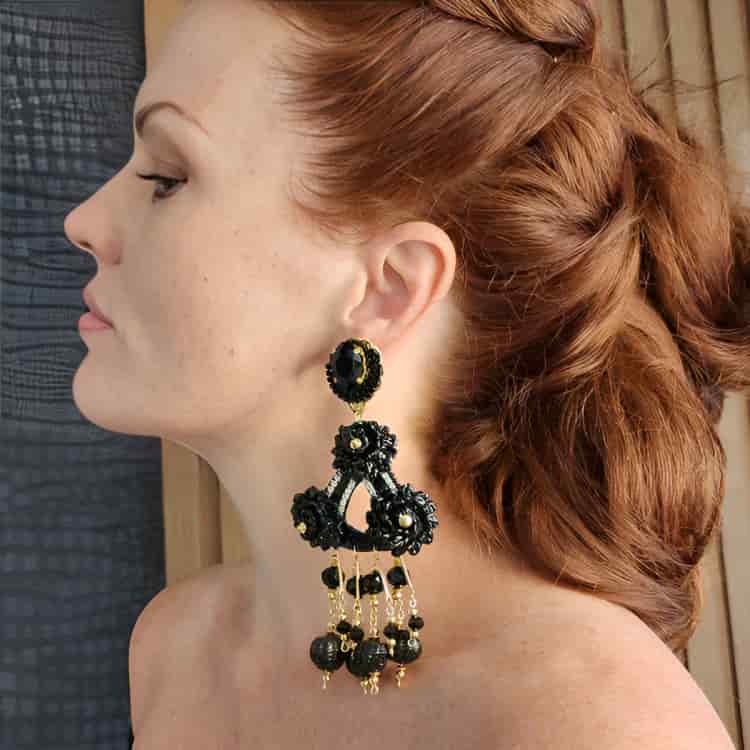 Fiber Oval Flower Black Earrings - miniatura 2