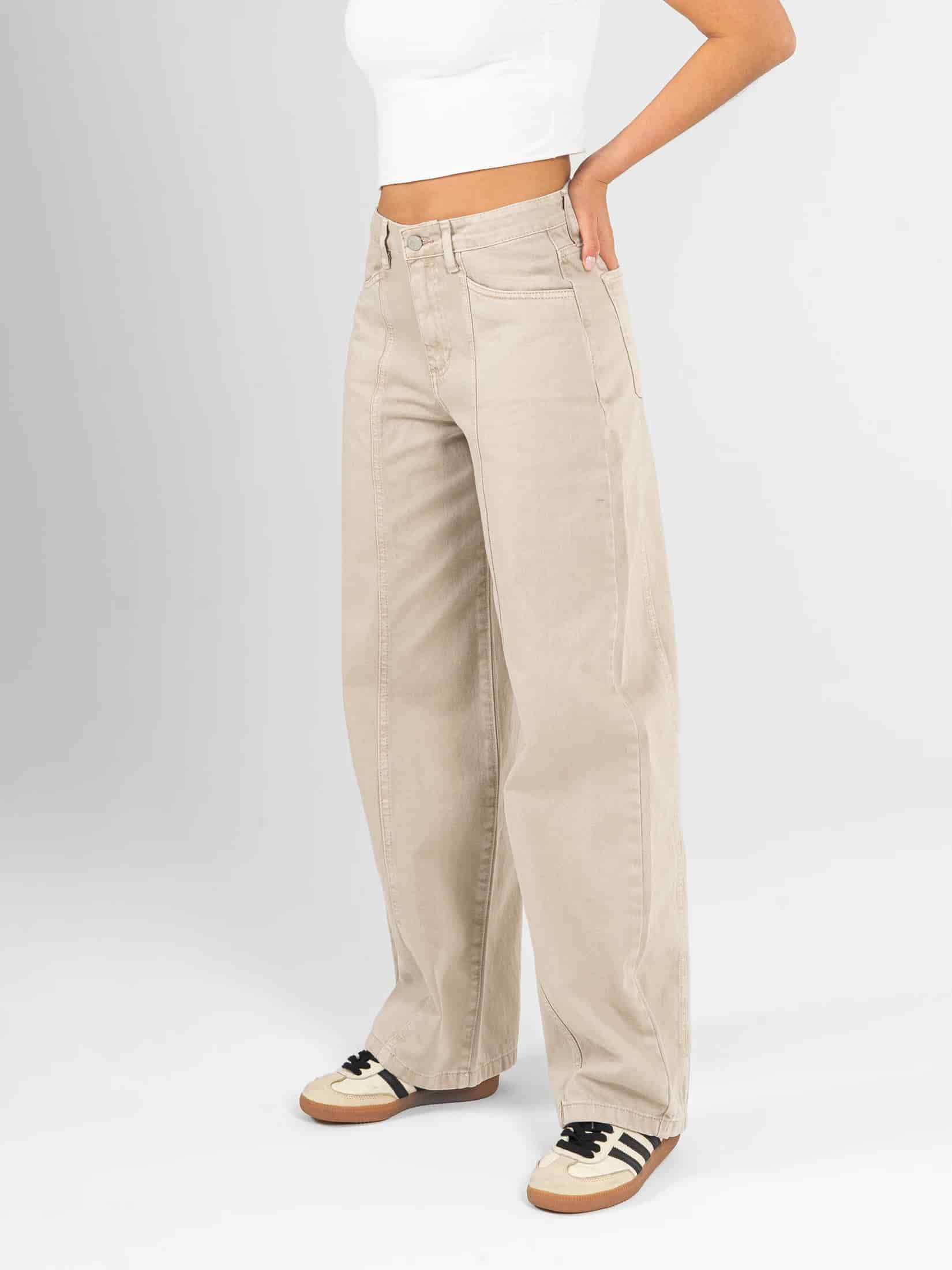 Ref: 0620451 Pantalón wide leg, rígido, tiro alto, con cortes, tono caqui - miniatura 3