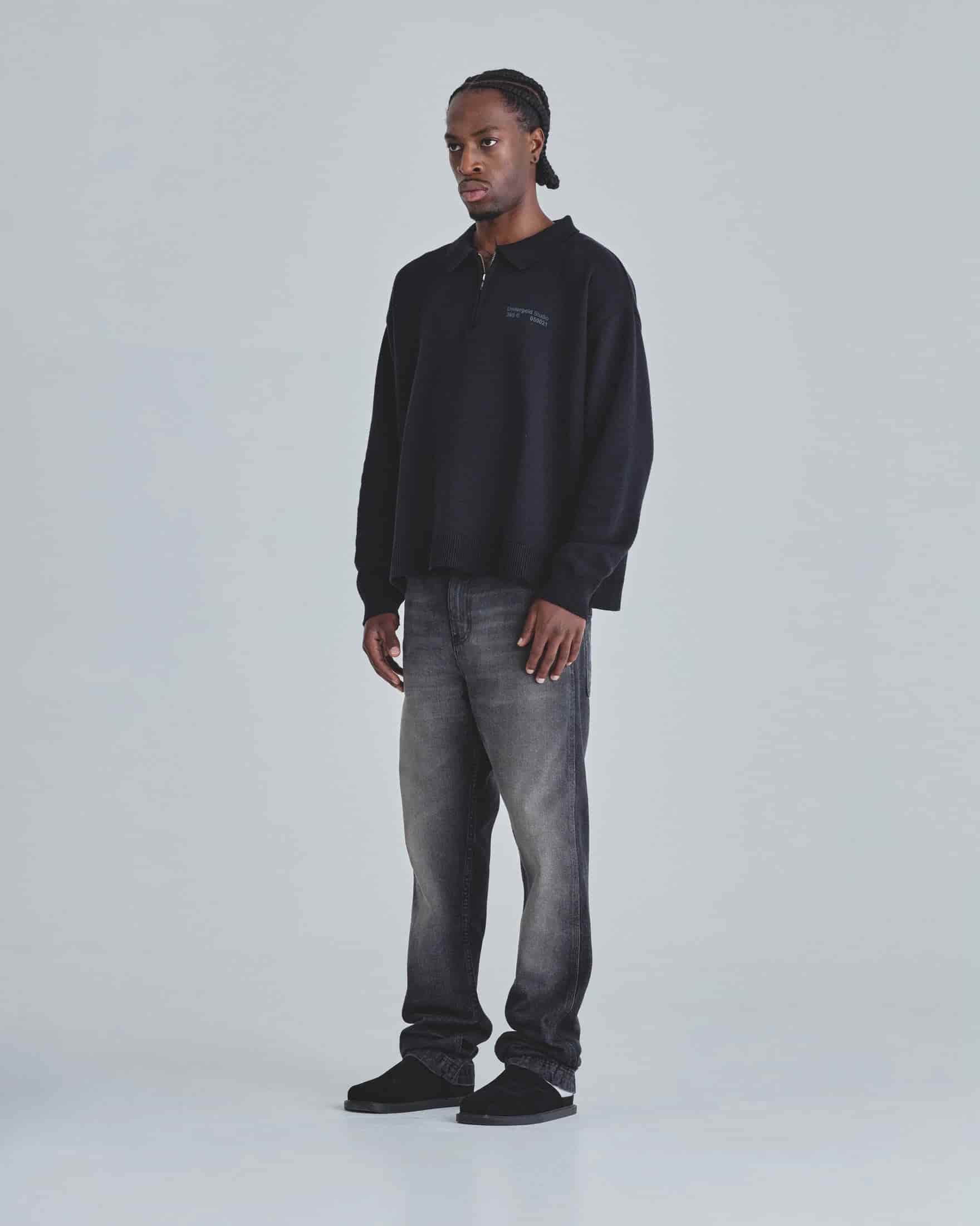 Line Knit Zip Up Long Sleeve Polo Shirt Black - miniatura 5
