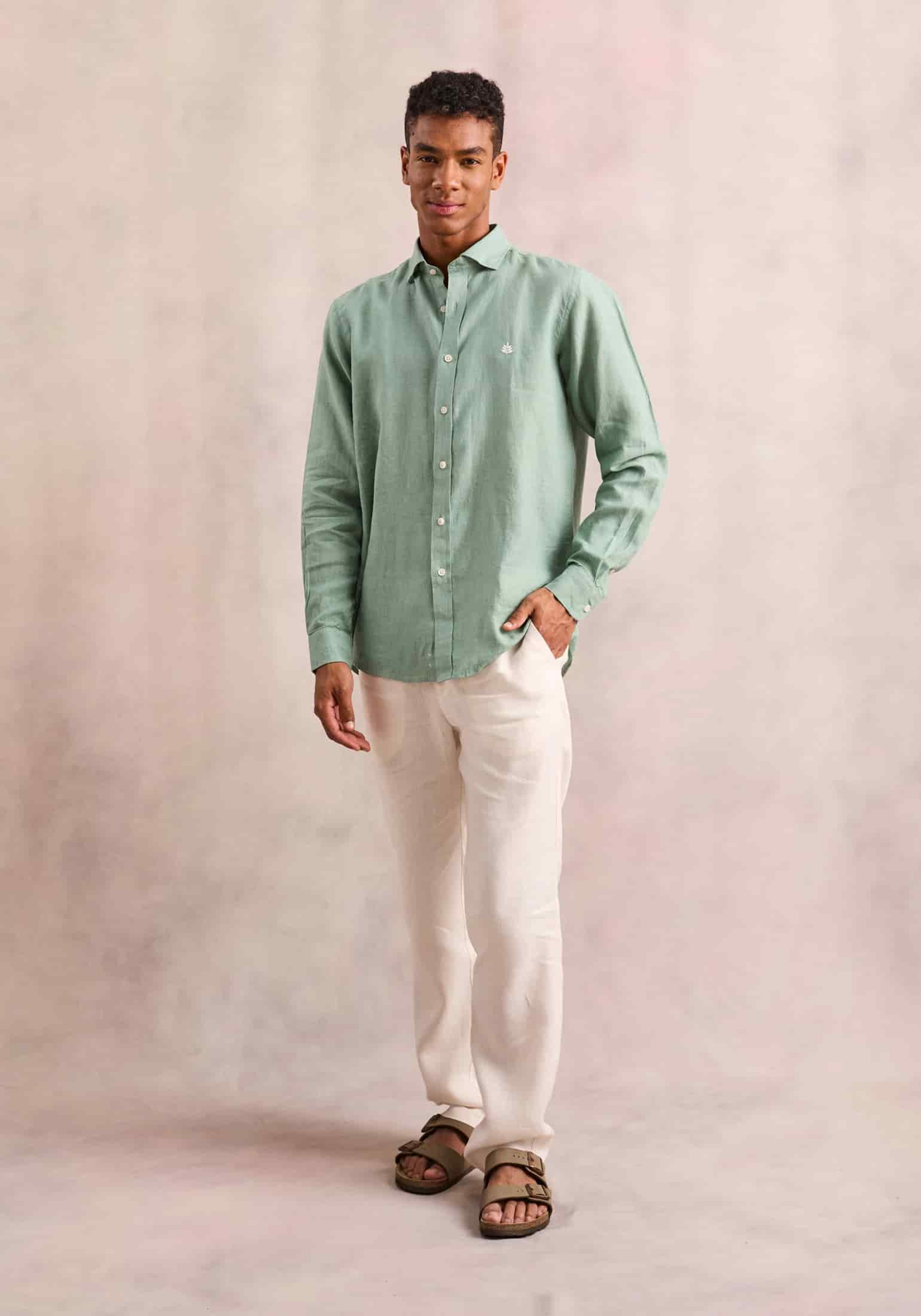 Camisa Lino Cuello Francés Verde Medio L-Bla - miniatura 2