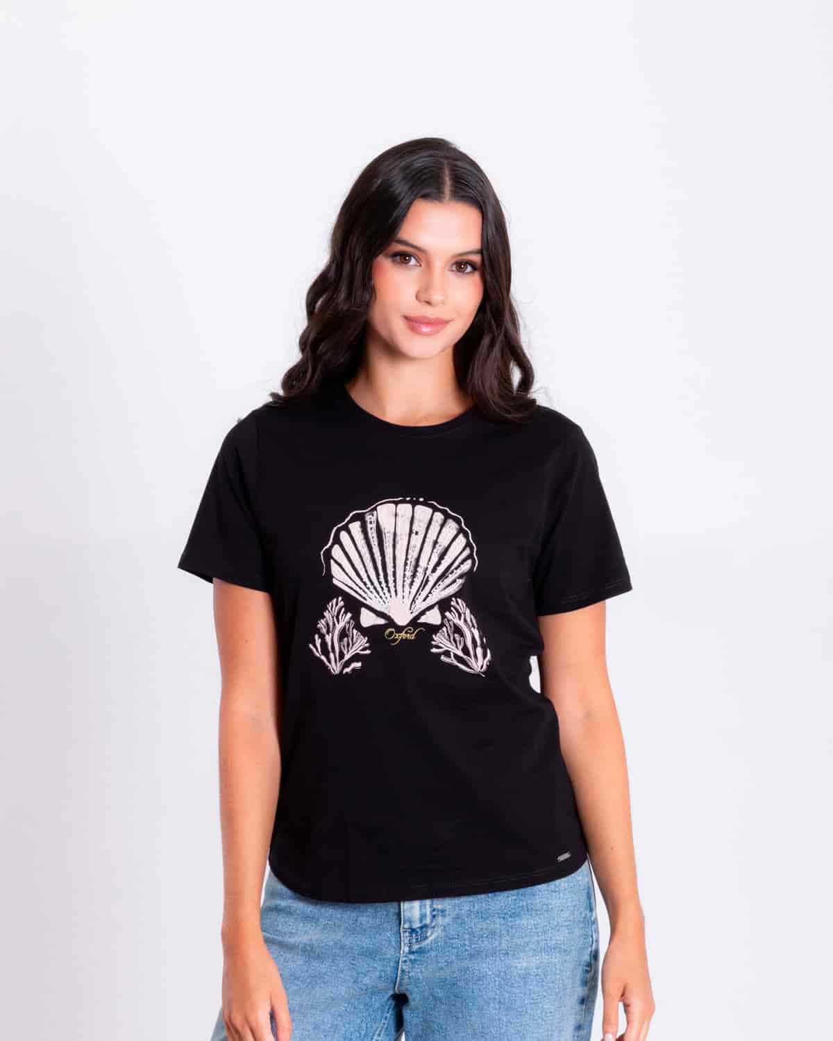 Camiseta negra estampado frontal para mujer - miniatura 1
