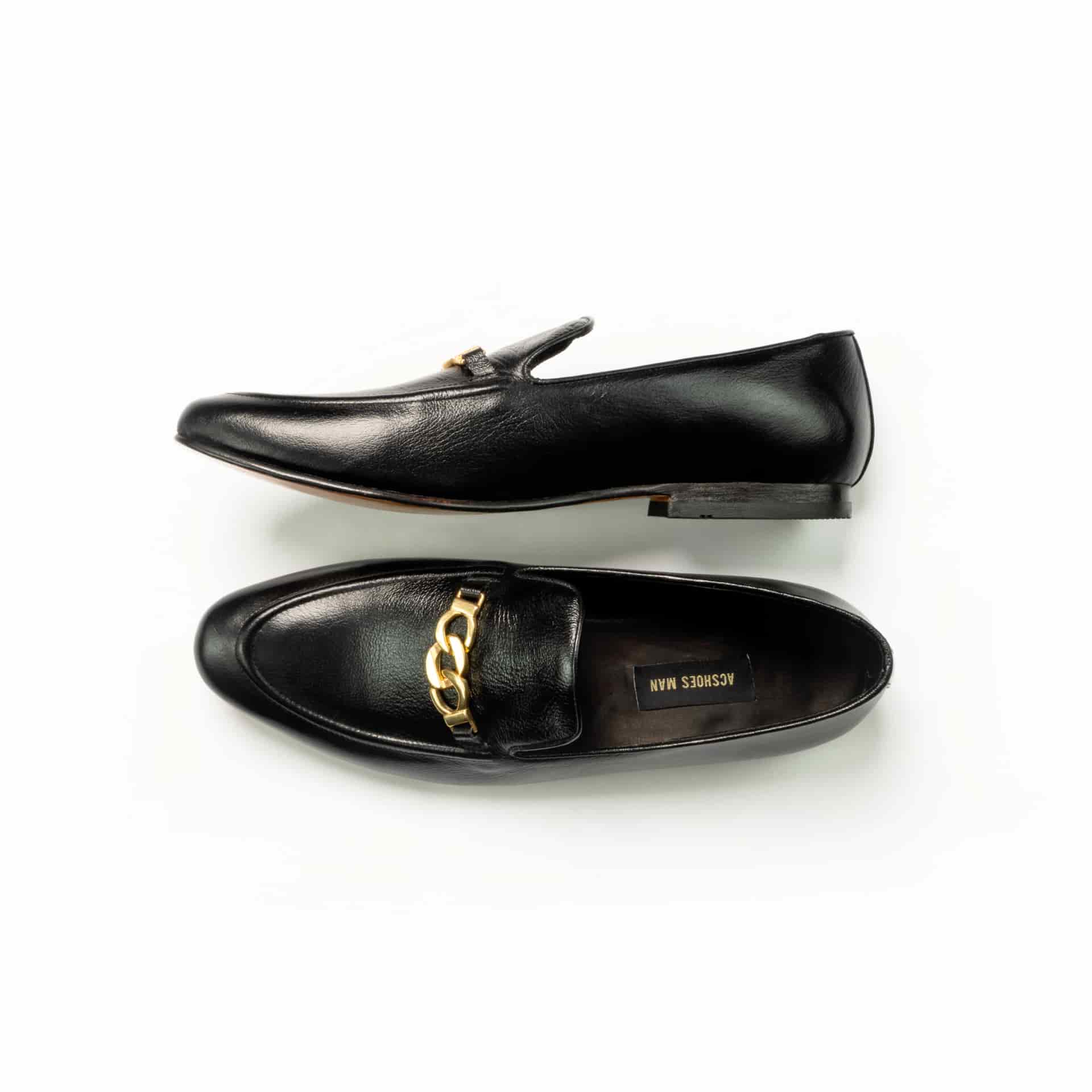 Loafers cuero negro hebilla trenzada dorada - miniatura 2