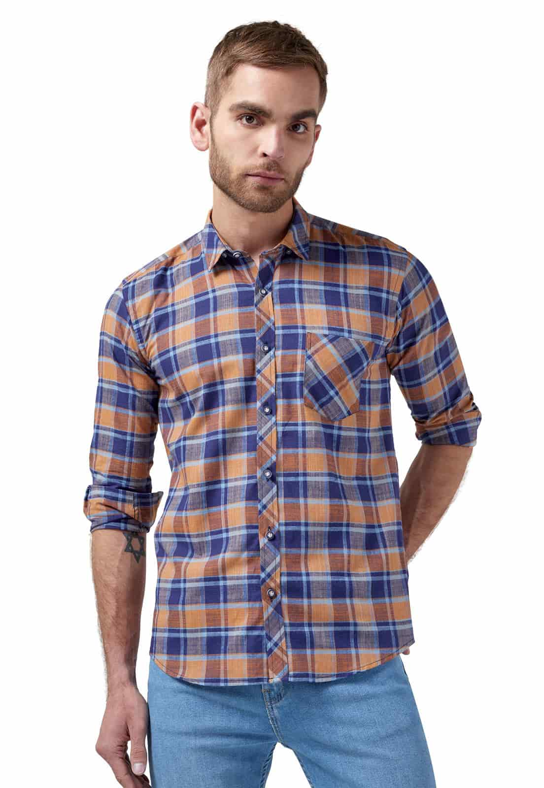 Camisa leñadora a cuadros azules y amarillos - miniatura 1