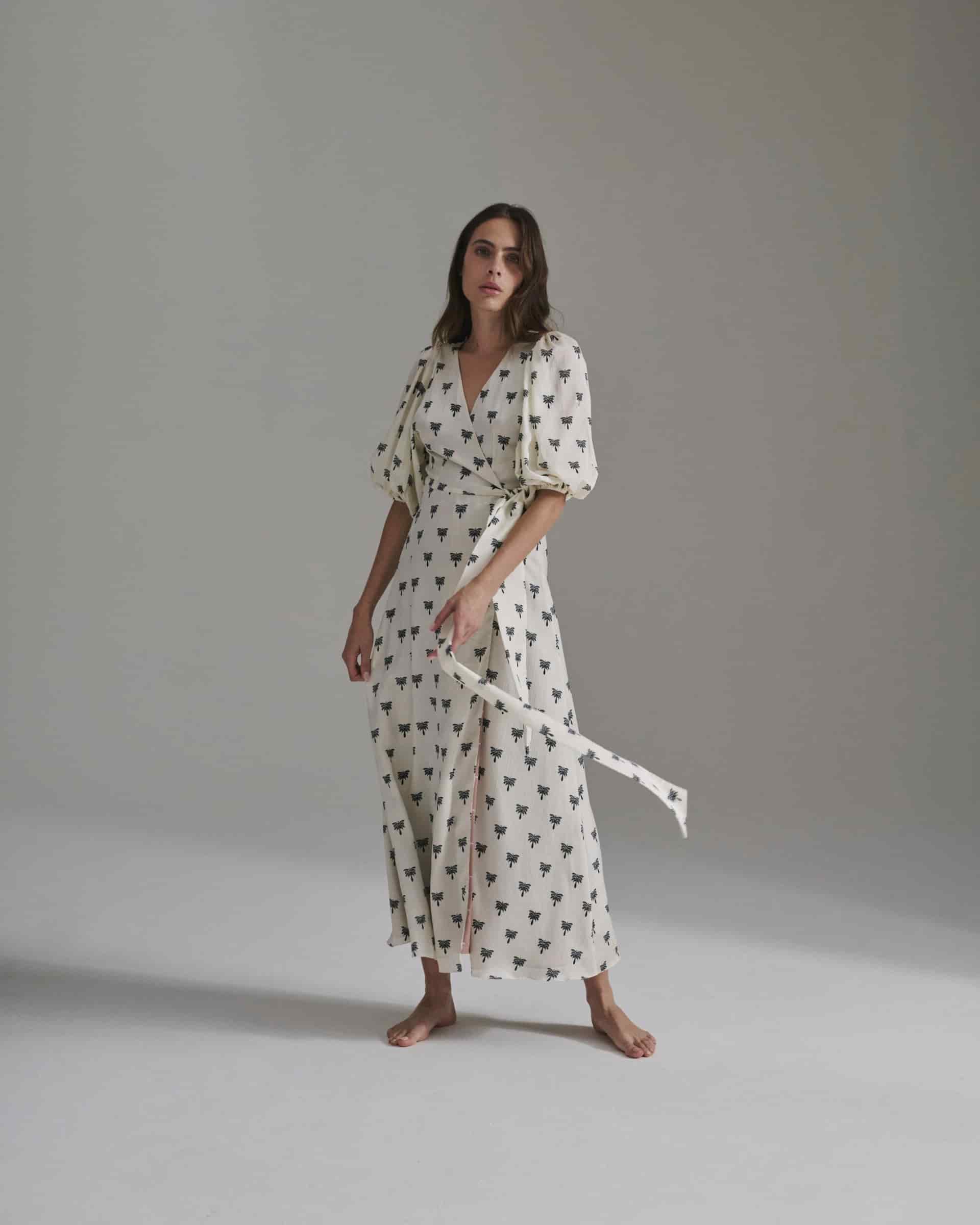 Ermita Martellato Silk Midi Dress / Ivory - Black Polka Palms - miniatura 2