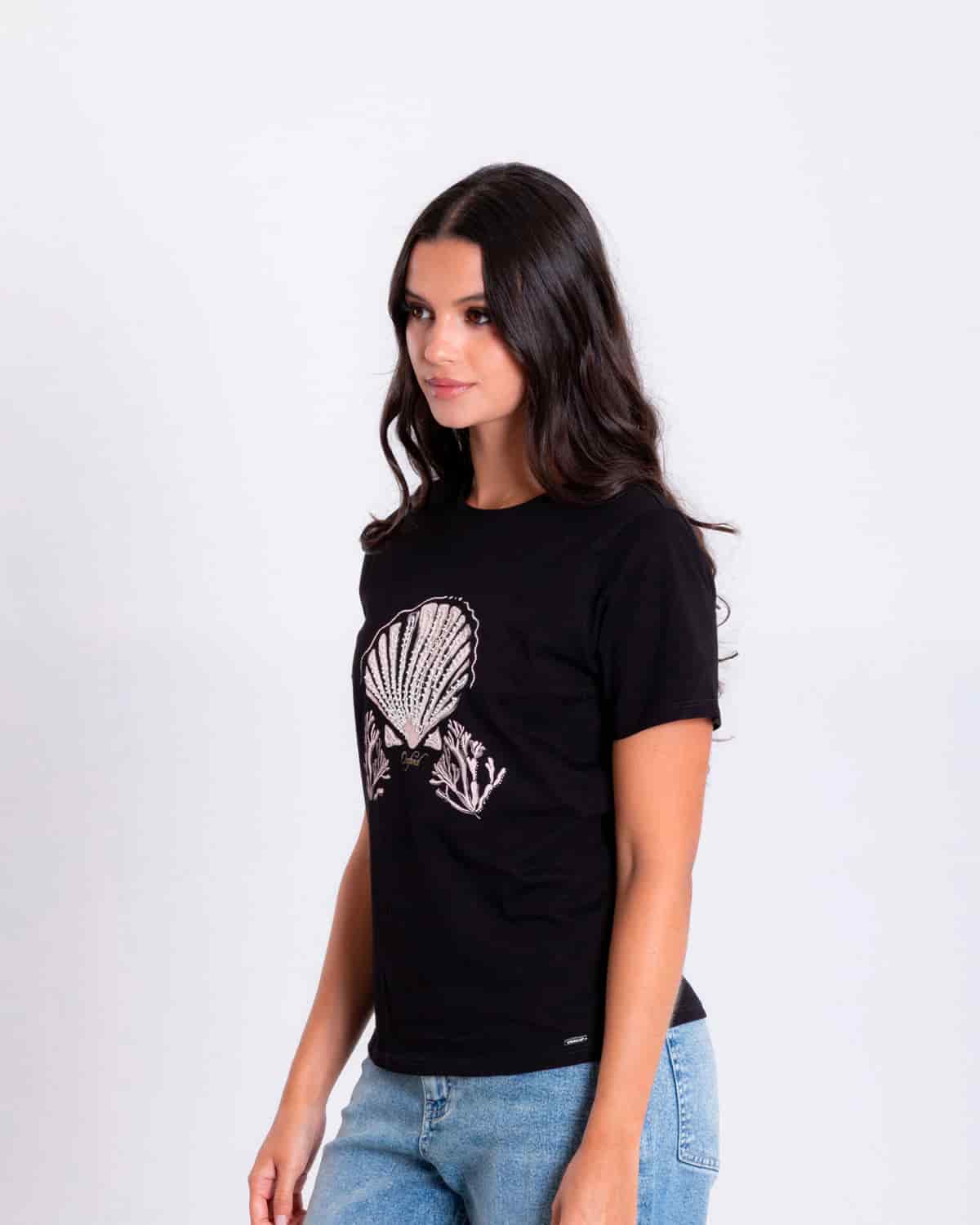 Camiseta negra estampado frontal para mujer - miniatura 2