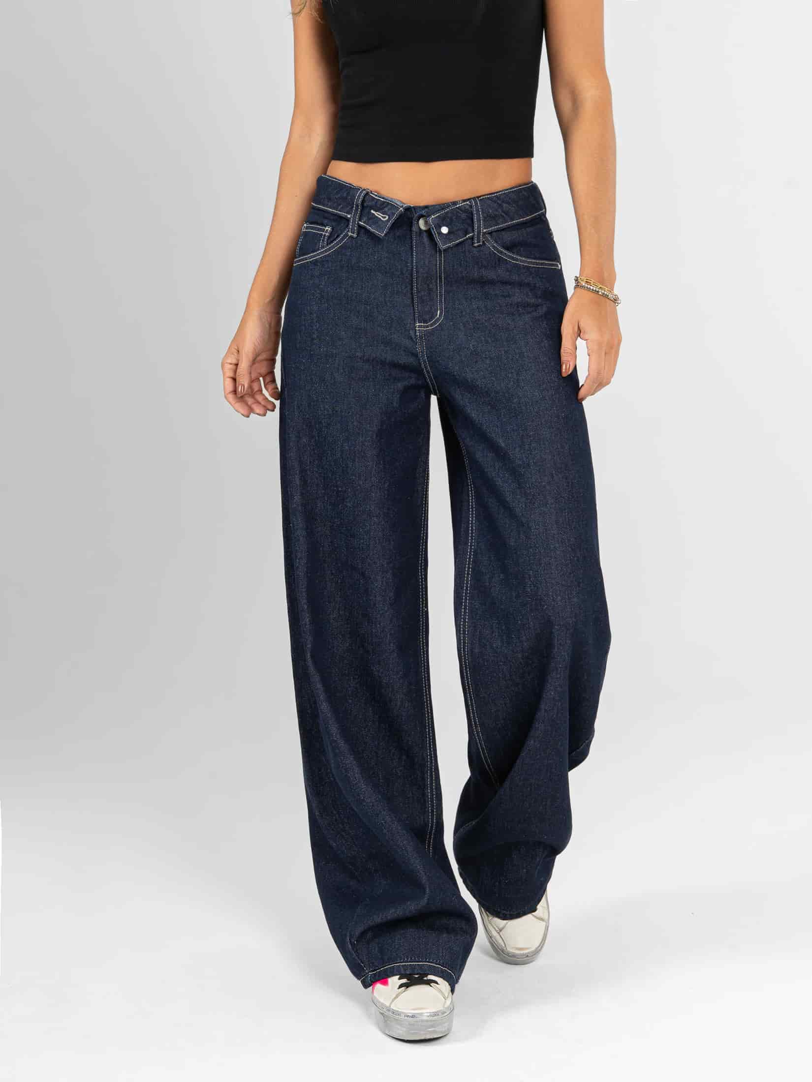 Ref: 066424 Jean wide leg, rígido, tiro medio, detalle en pretina, tono azul oscuro - miniatura 1