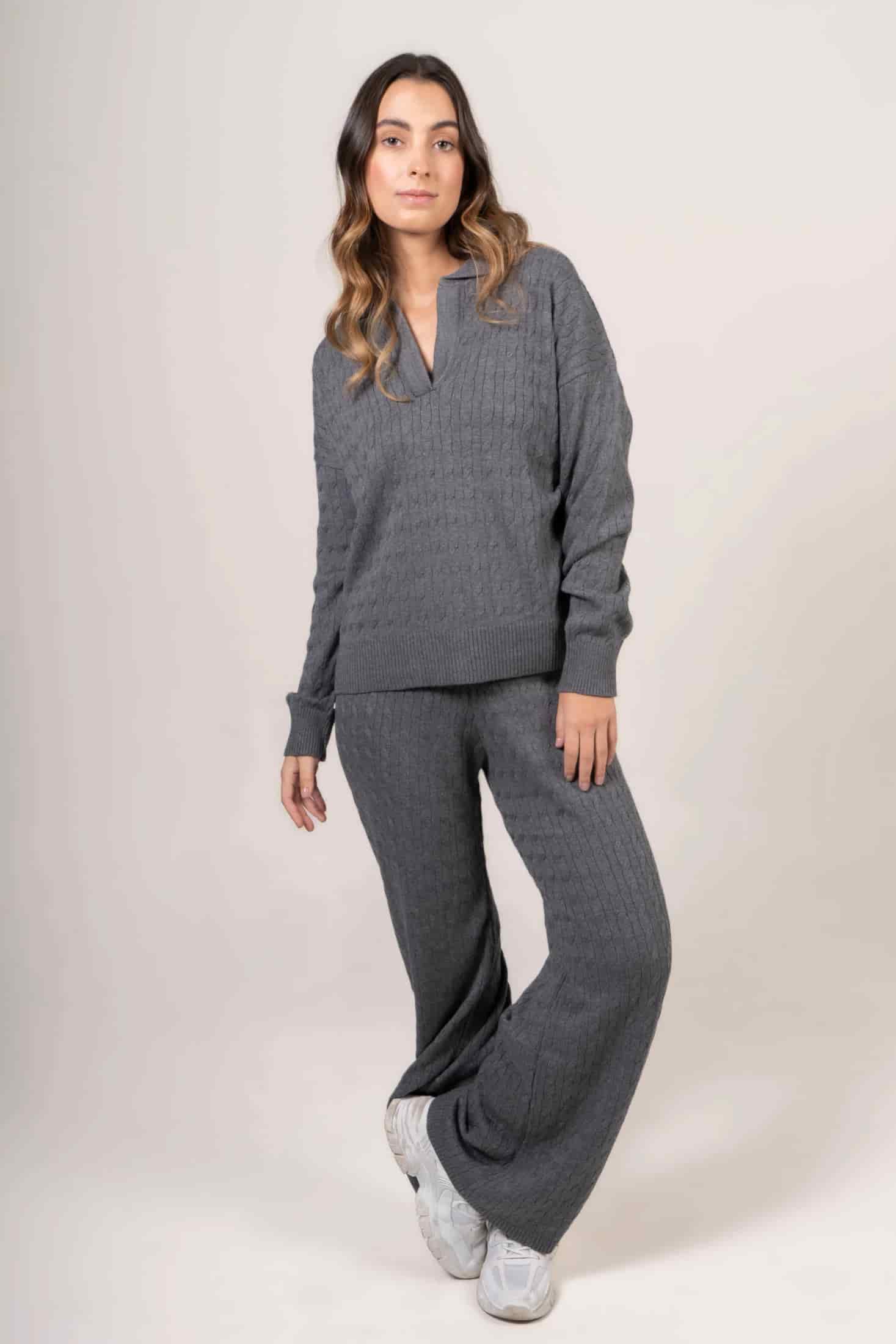 Suéter Trenzado en V Premium Mujer Gris - miniatura 5