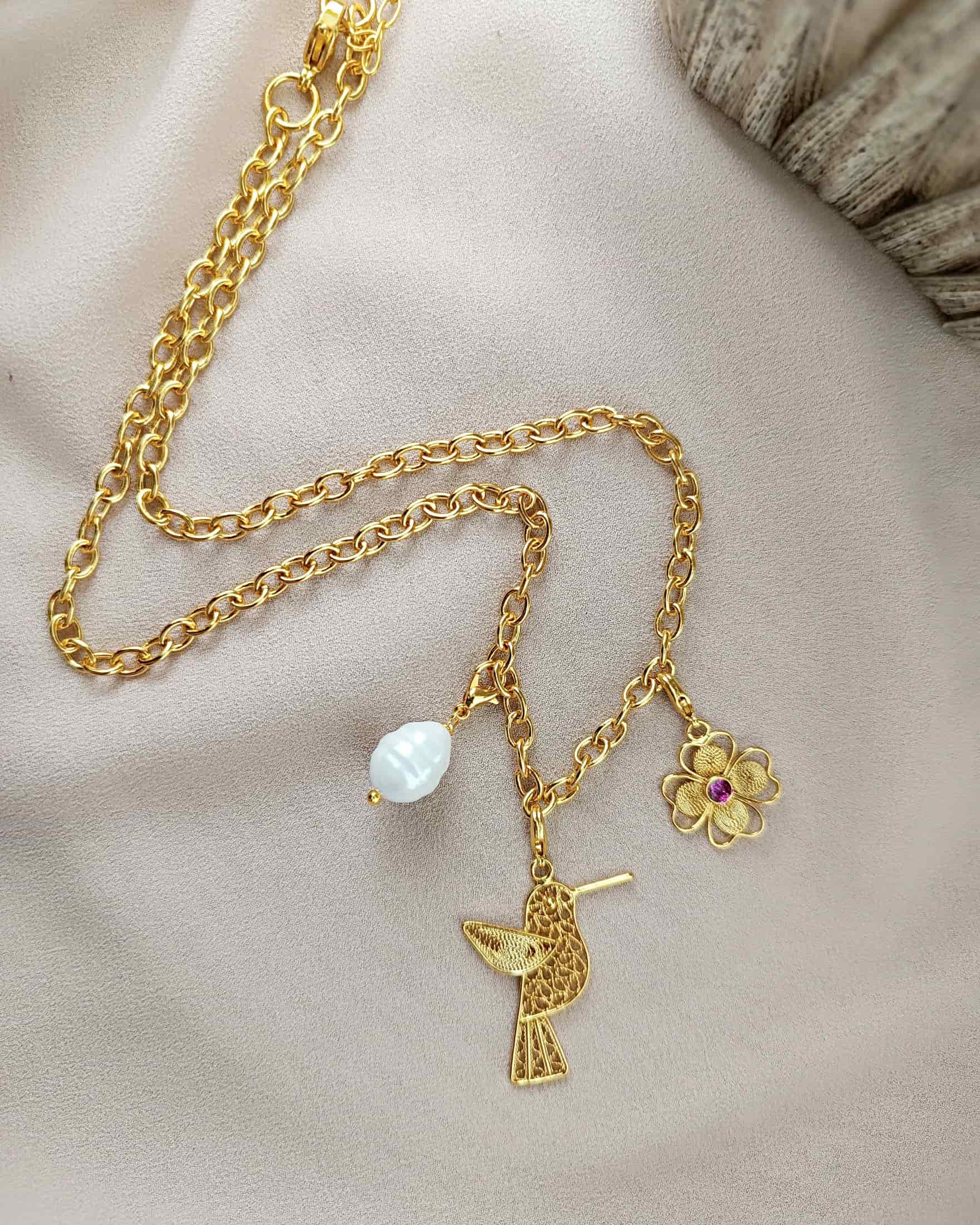 Cadena dorado y colgante en filigrana Colibrí y trébol - miniatura 5