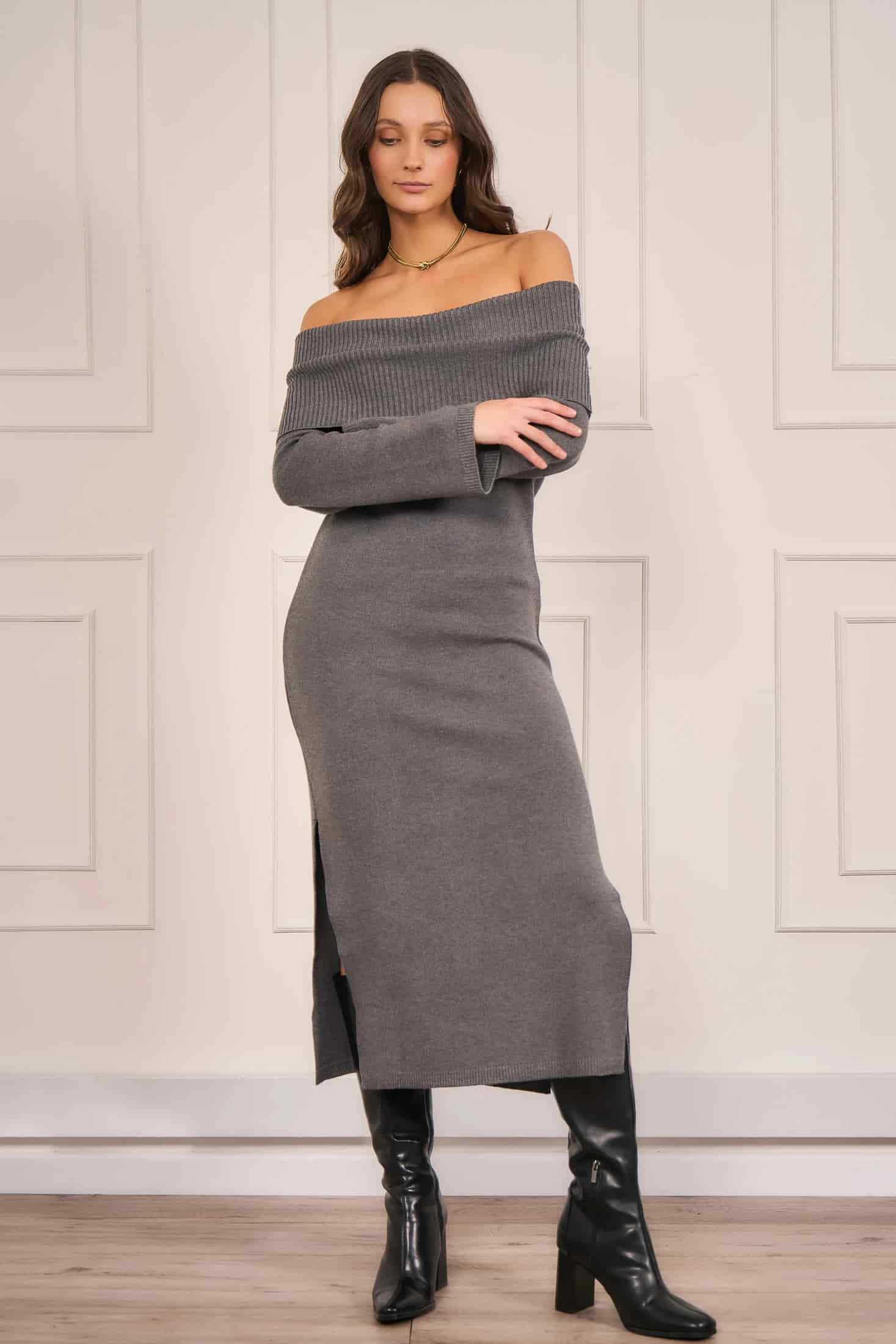 Vestido Off Shoulder Gris Mujer - miniatura 3