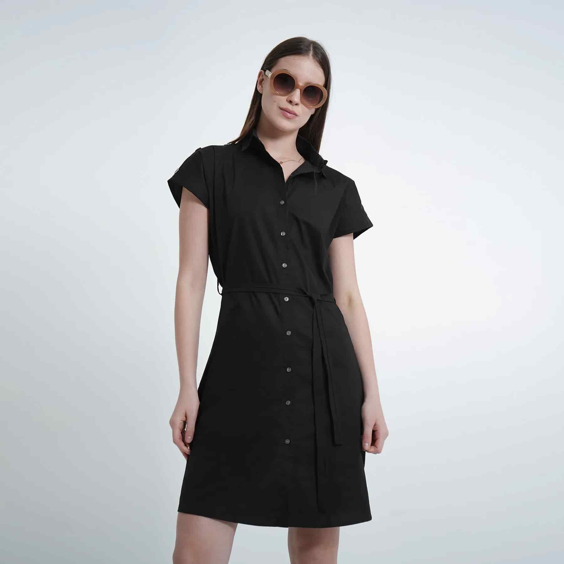 Vestido corto manga corta rodada cuello camisero con lazo - miniatura 8