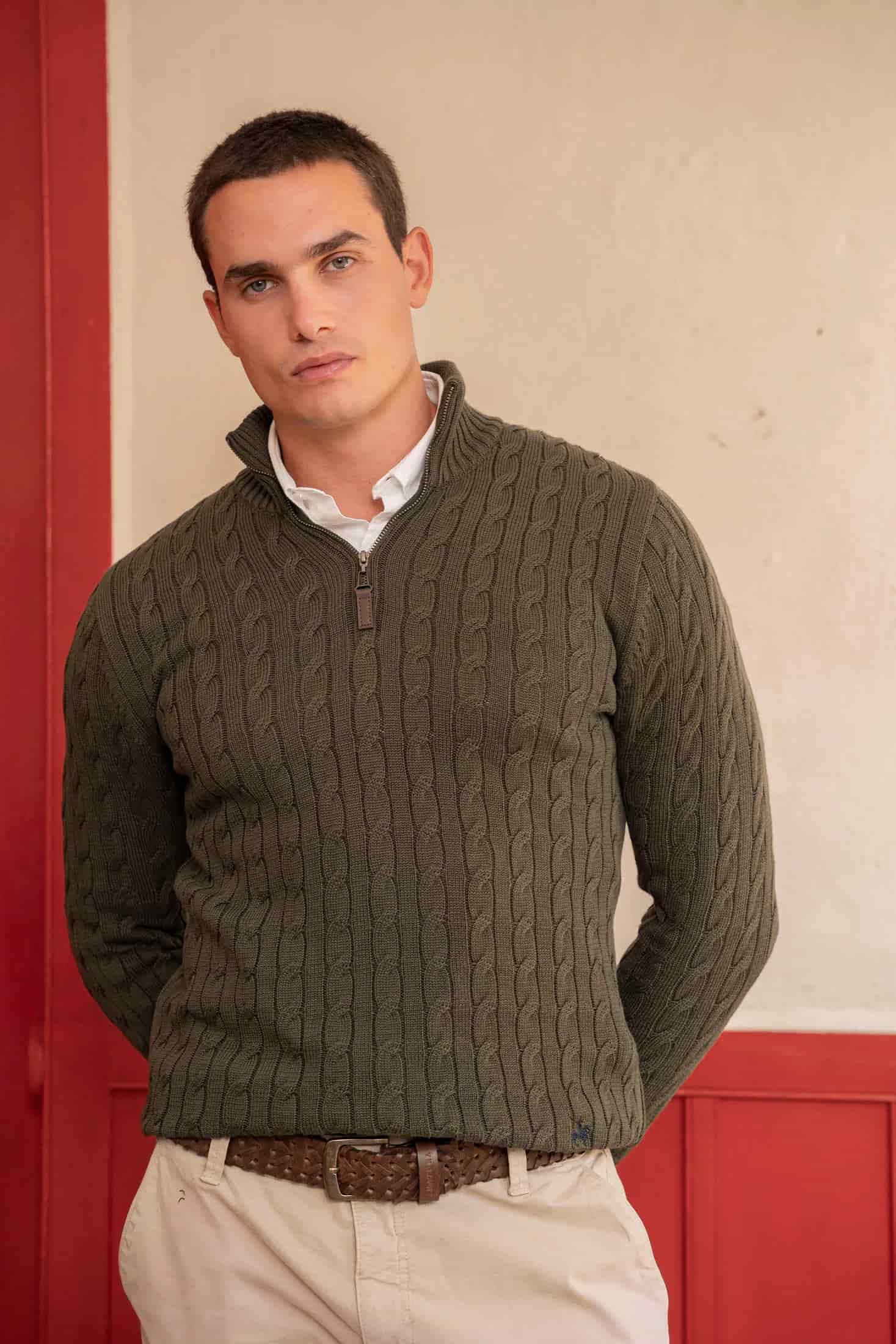 Suéter Halfzip Trenzado Hombre Verde - miniatura 1