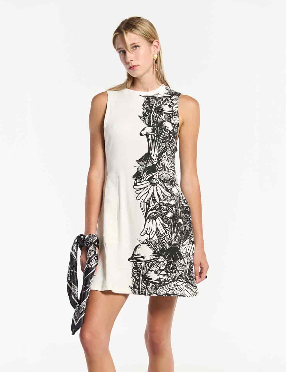 Vestido Corto cuello Alto Flora crudo Mujer - miniatura 1