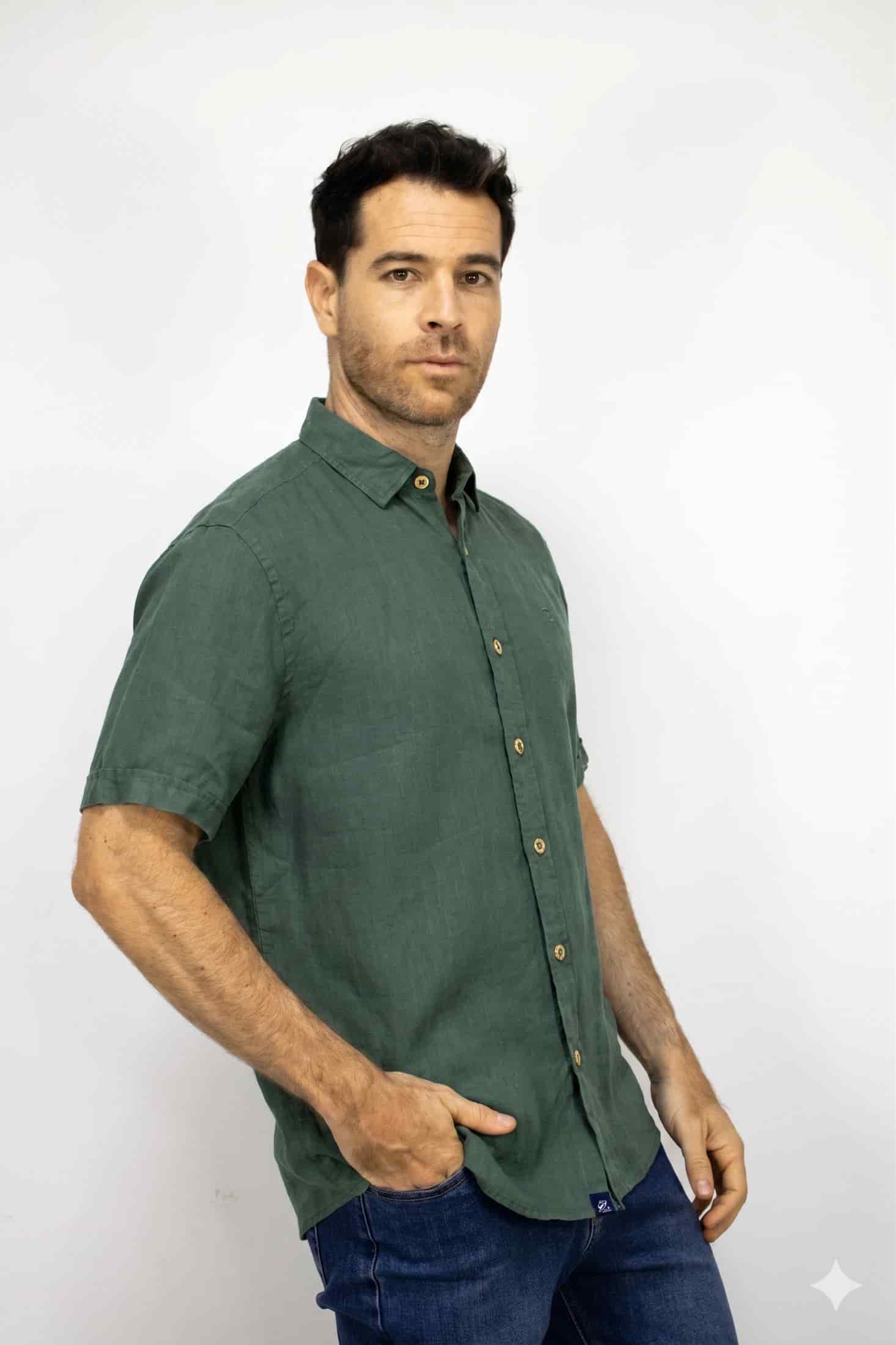 Camisa Lino Manga Corta Verde Para Hombre - miniatura 2