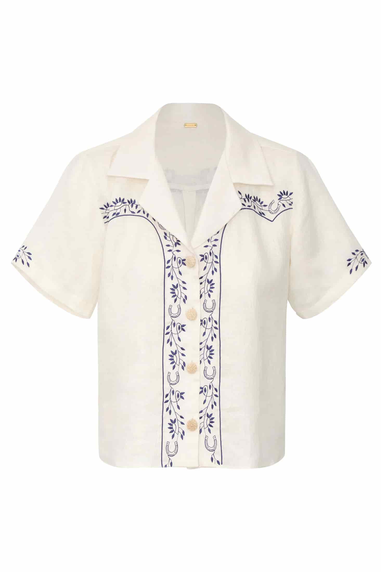 El Jared Linen Embroidered Shirt / Ivory Blue Horseshoes - miniatura 1