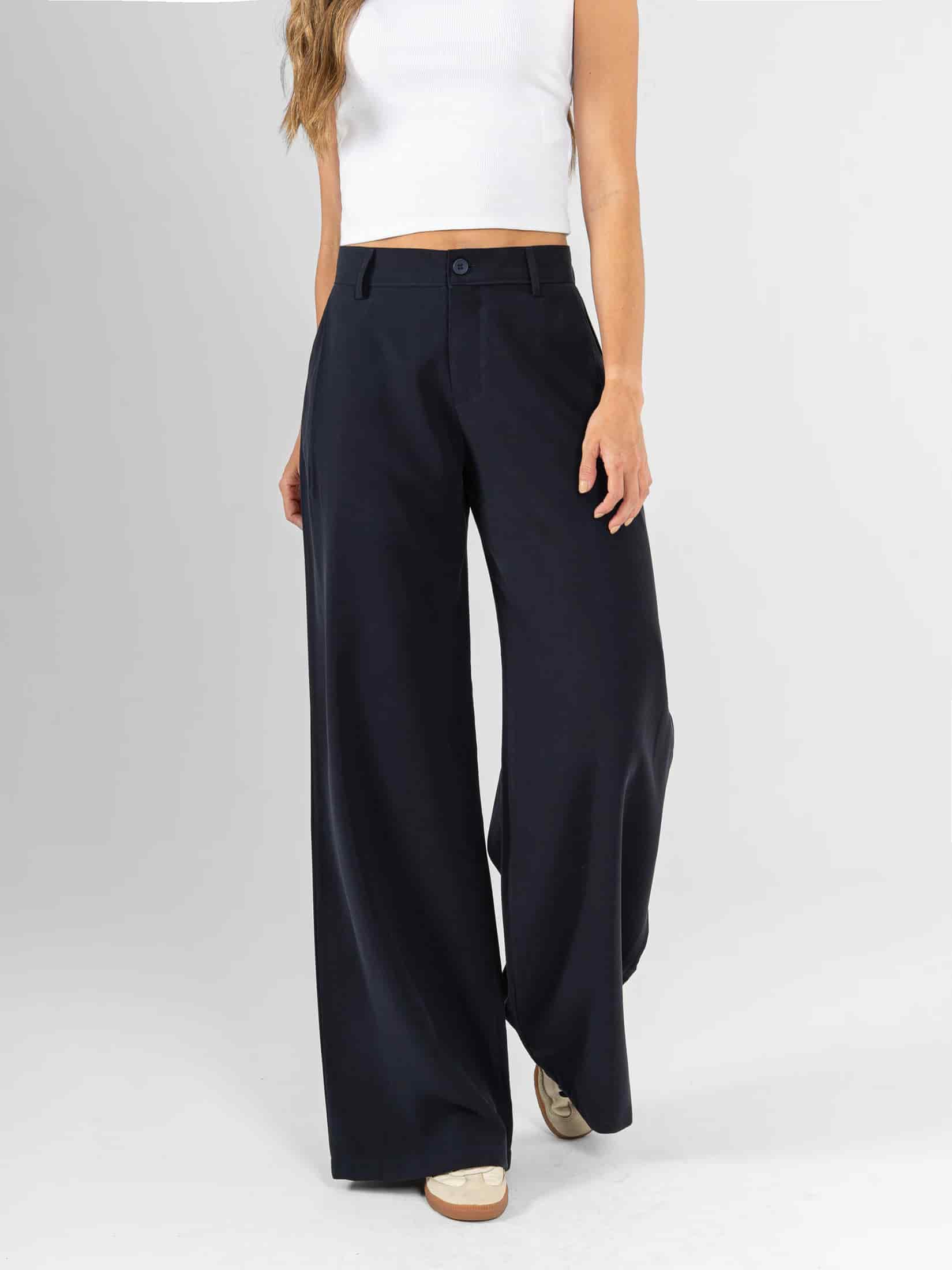 Ref: 0620480 Pantalón palazzo, prenses, tono azul oscuro , tejido plano liviano, tiro alto - miniatura 1