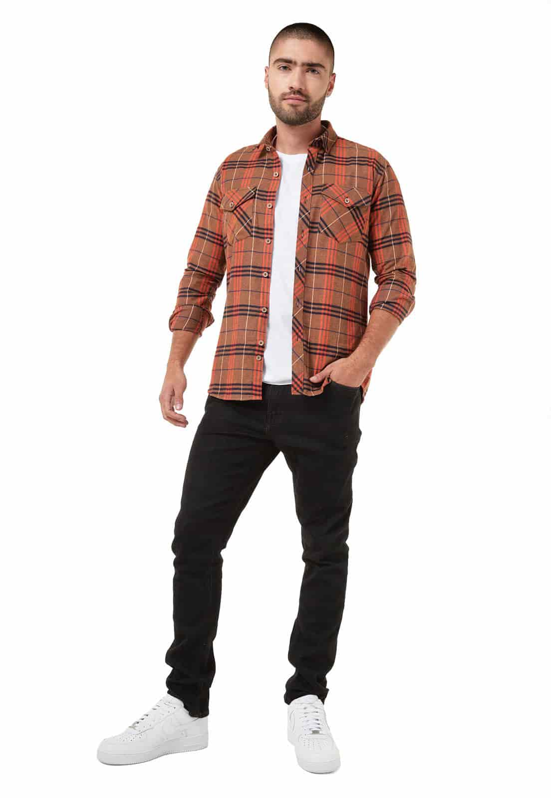 Camisa leñadora camel con naranja y negro doble bolsillo - miniatura 4
