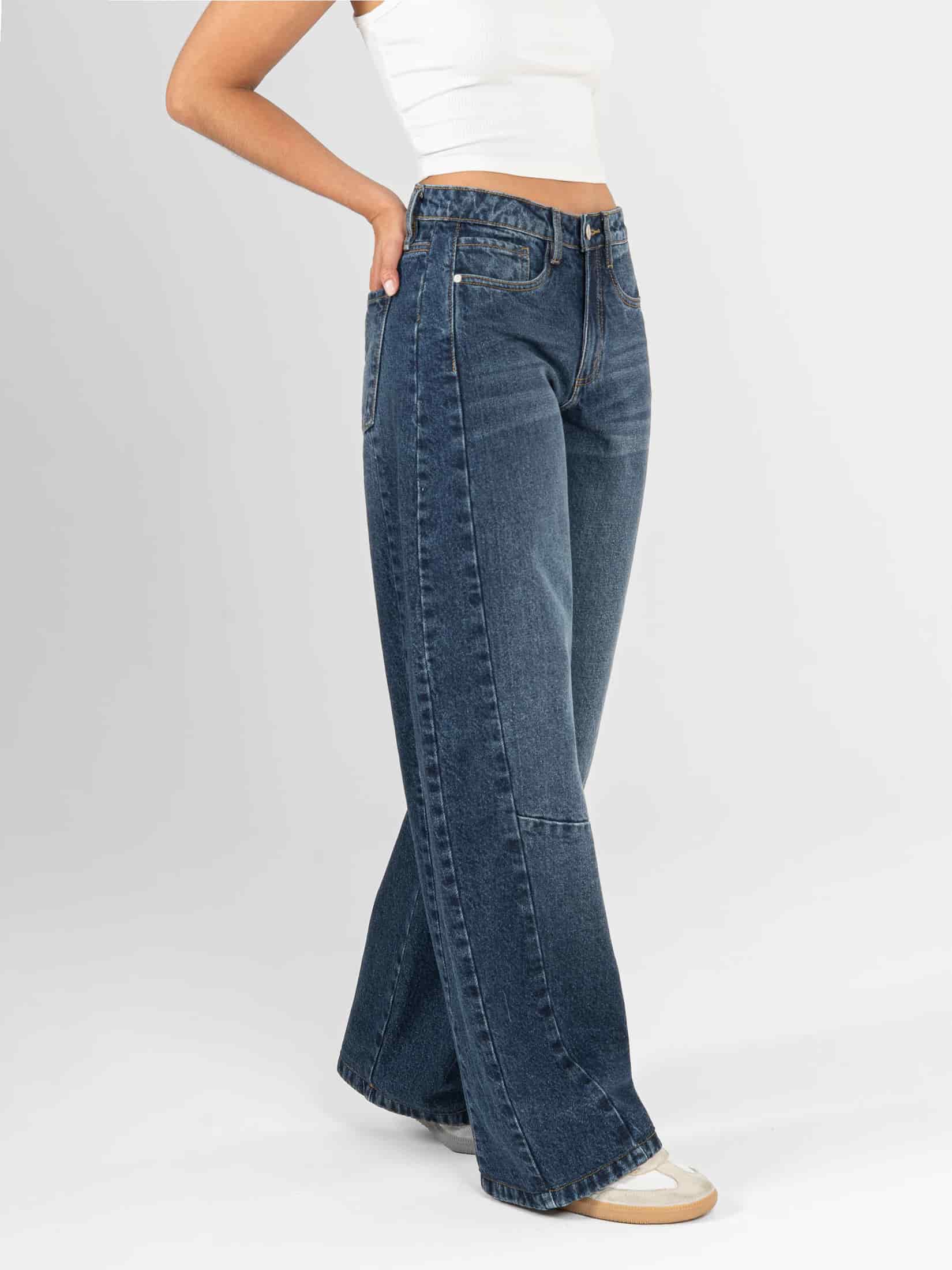 Ref: 066447 Jean wide leg, rígido, tiro alto, con cortes, tono azul oscuro - miniatura 3