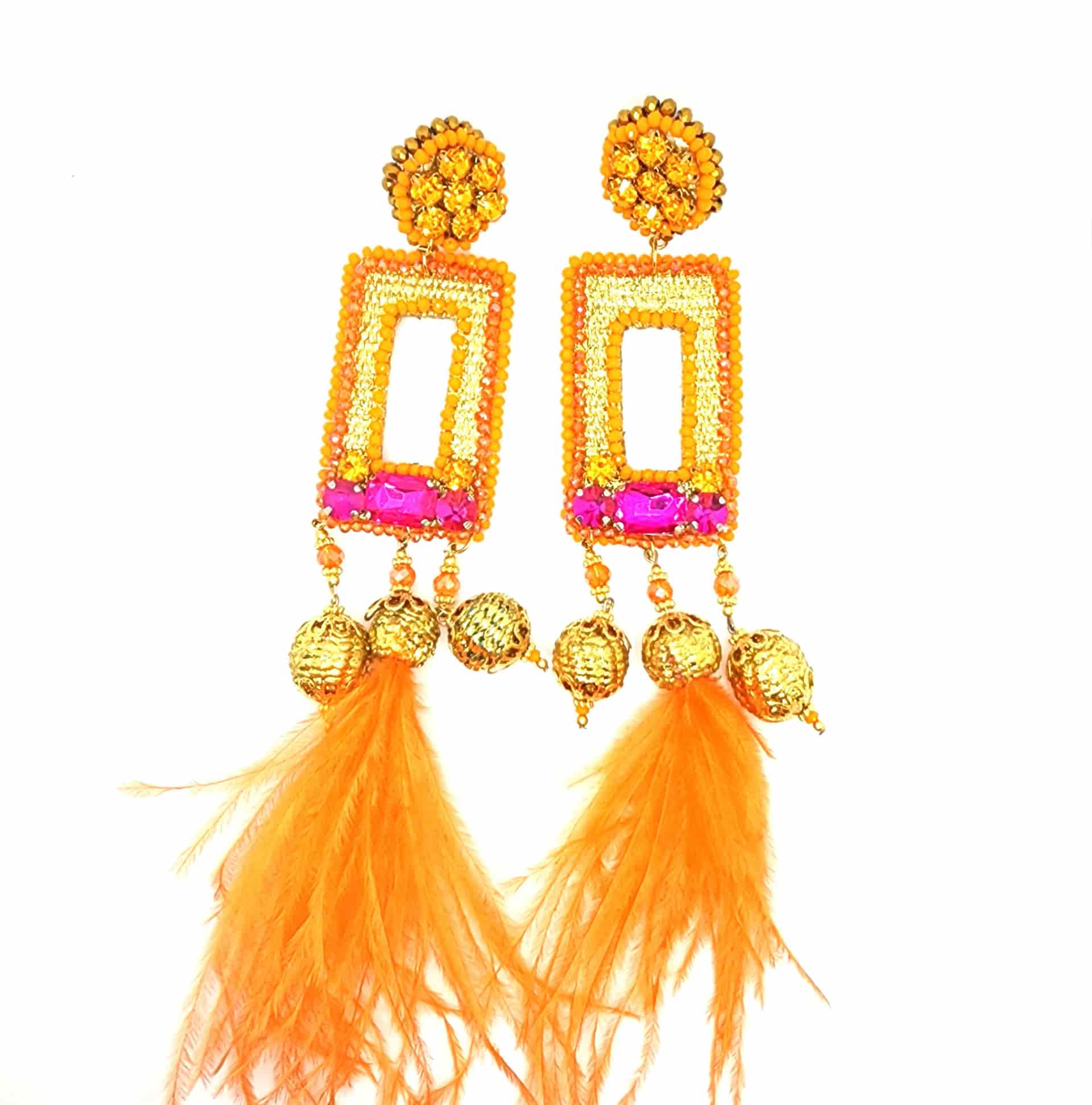Orange Dangling Feather Earrings - miniatura 1