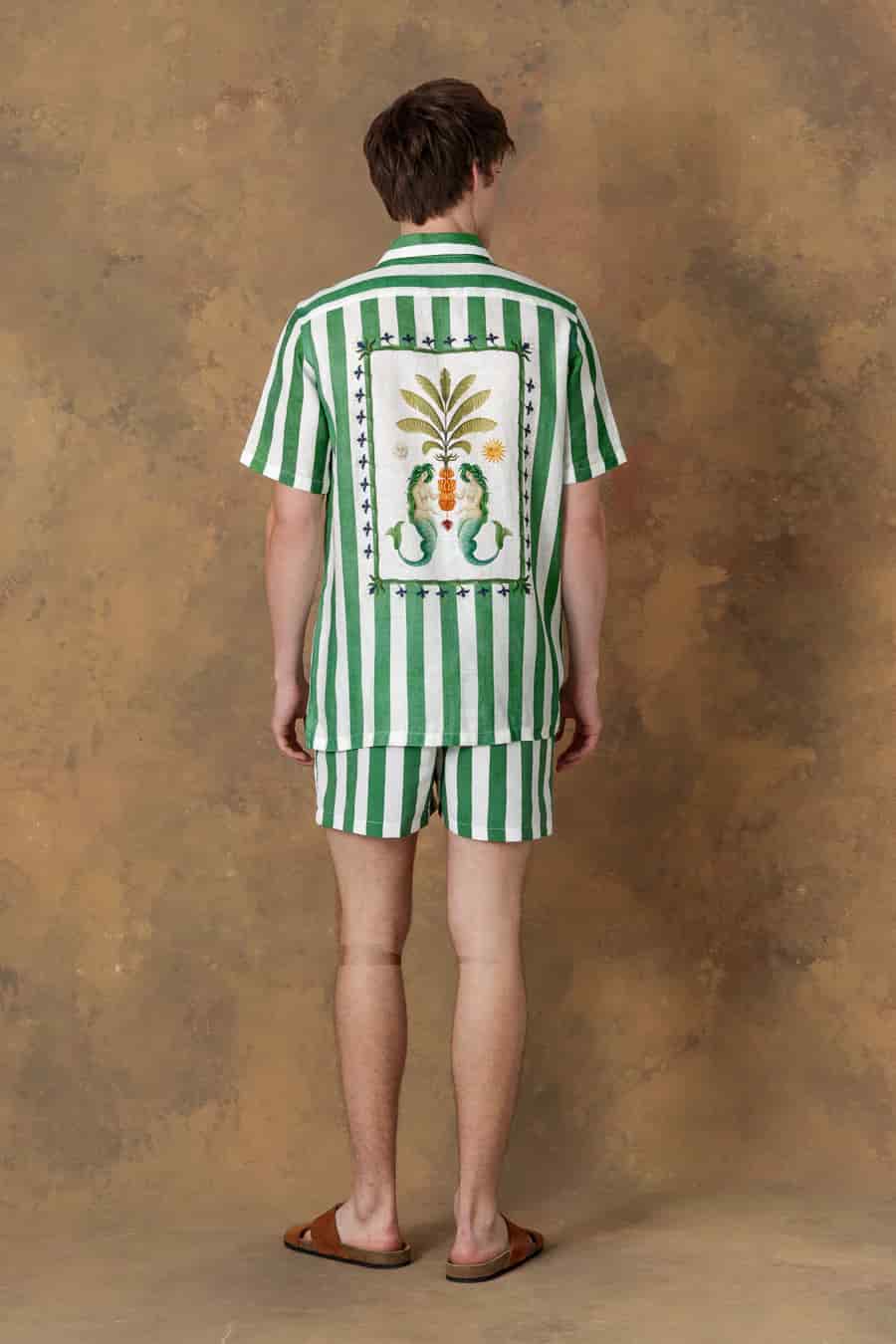 Men's linen shirt bowling spina striped green - miniatura 7