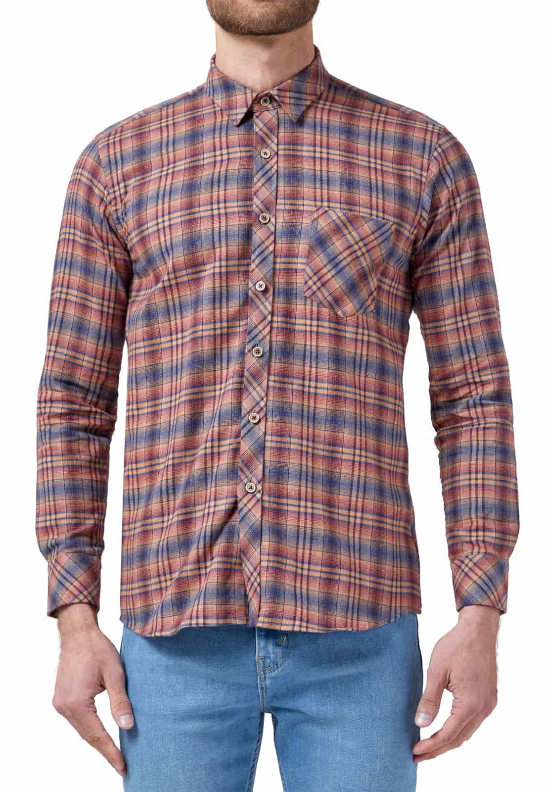 Camisa leñadora camel con rayas rojas y azules un bolsillo - miniatura 5