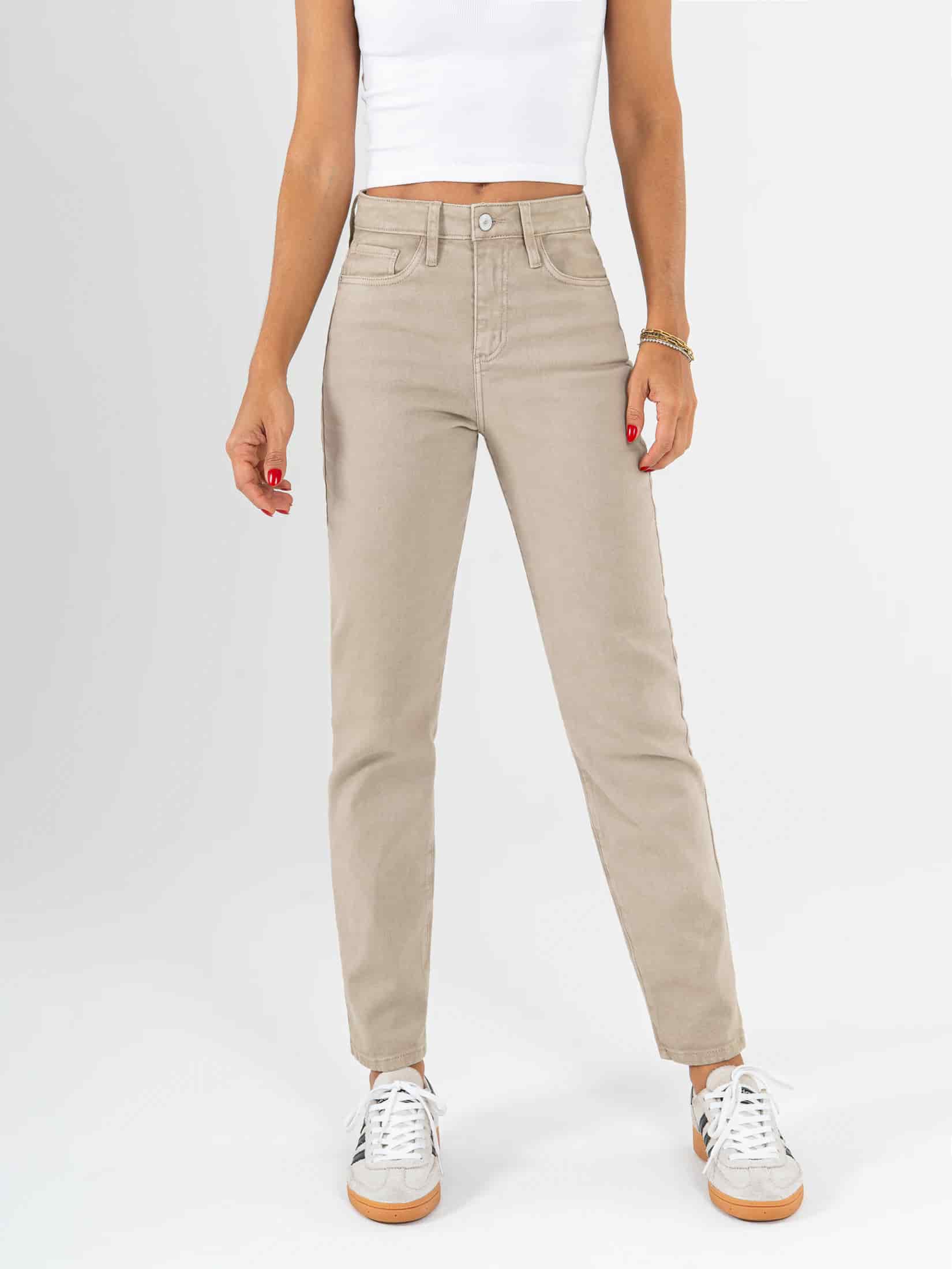 Ref: 069851 Pantalón mom fit stretch, tiro alto, tono arena. - miniatura 1