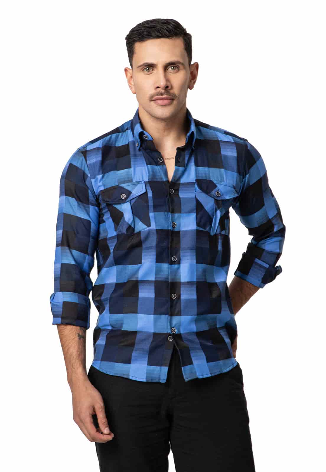 Camisa leñadora doble bolsillo azul a cuadros - miniatura 1