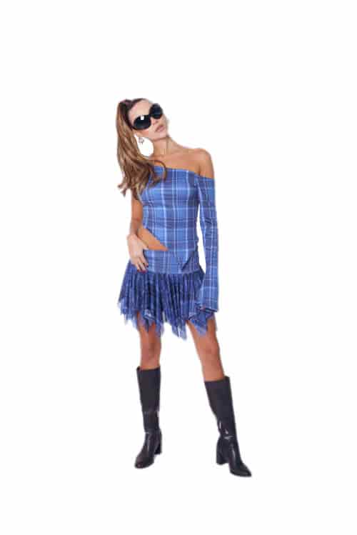 One Side Top In Blue Tartan - miniatura 4
