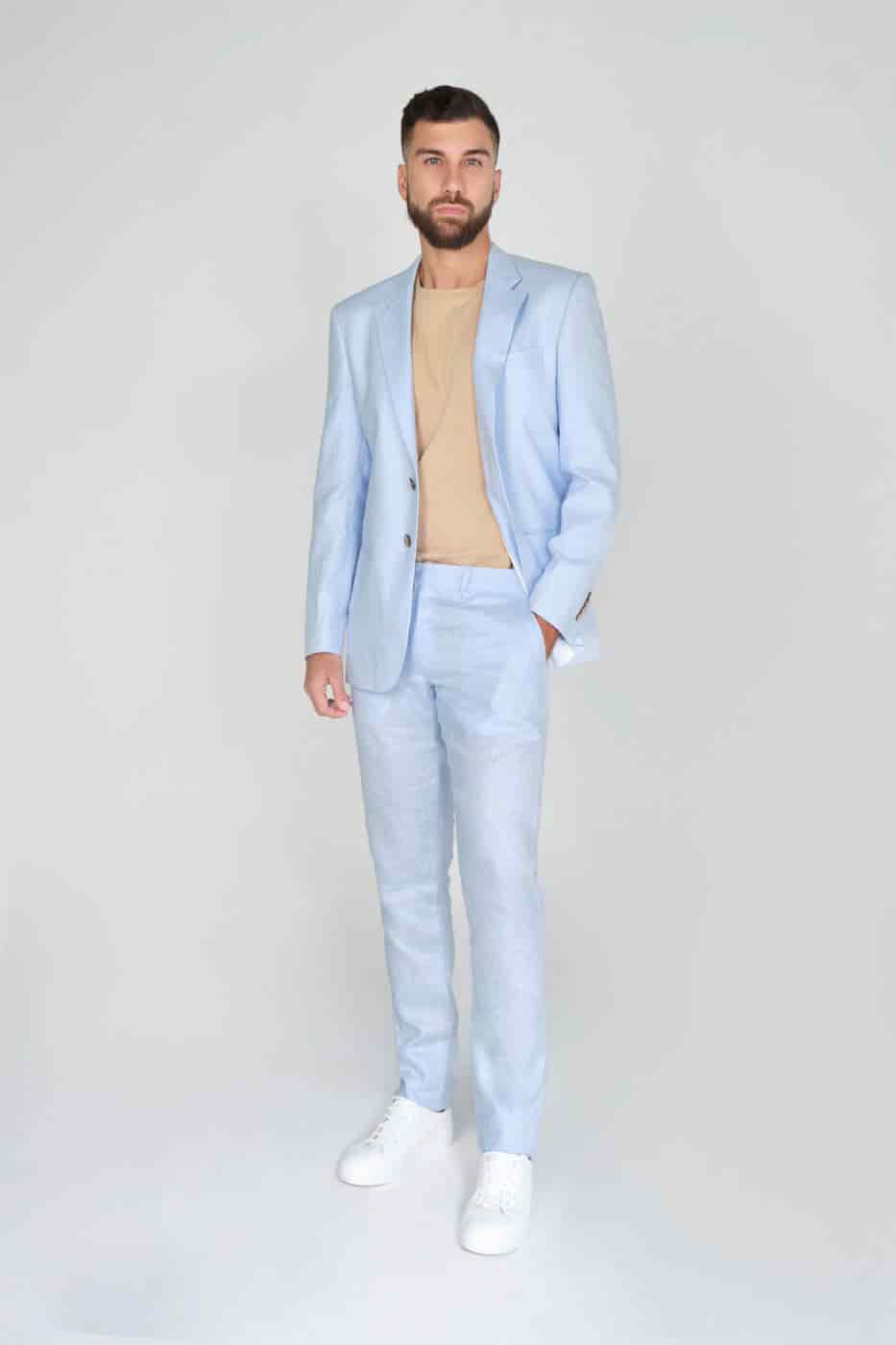 Pantalón Formal Slim Fit 100% Lino Azul Claro - miniatura 8