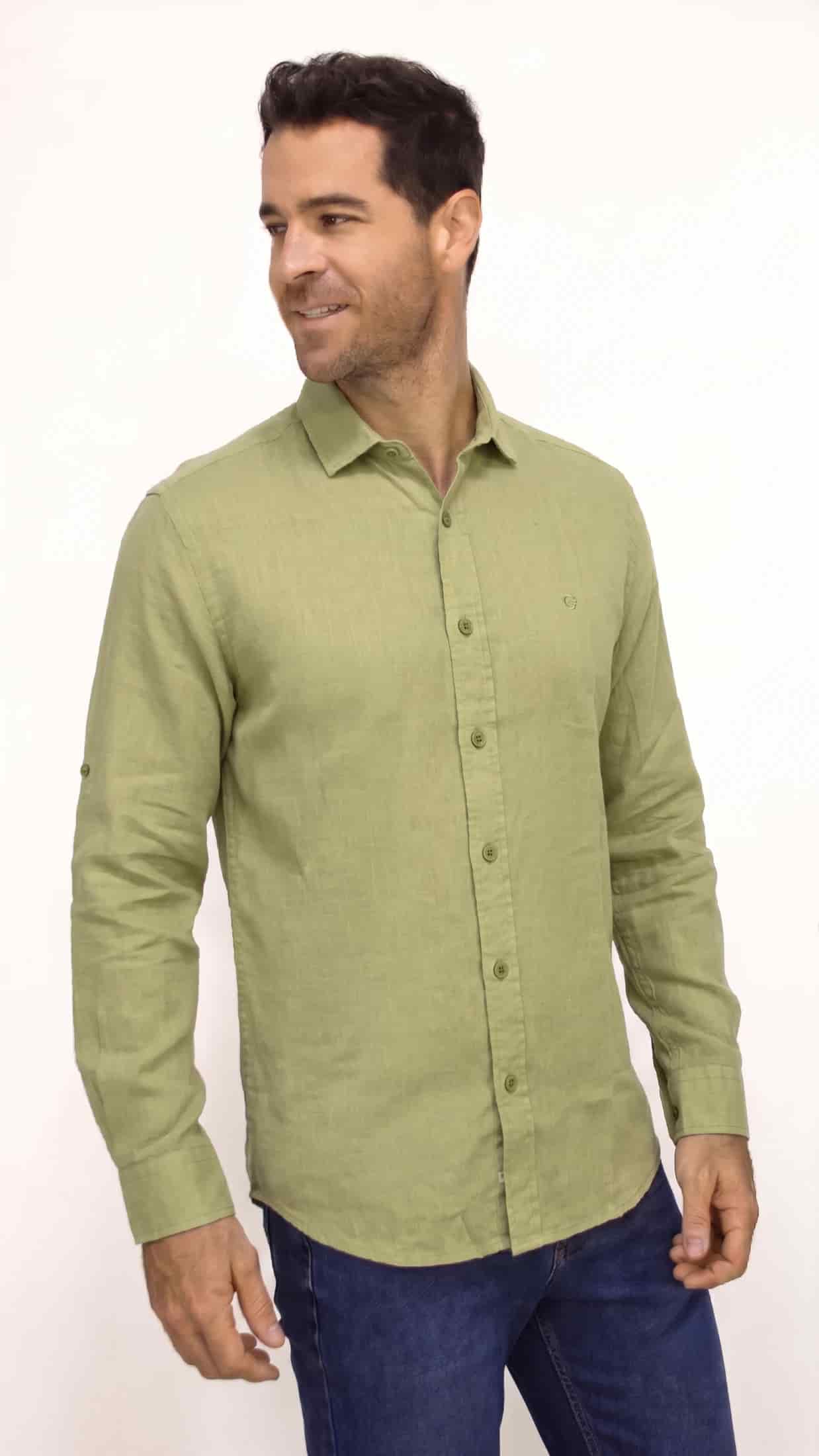 CAMISA LINO MANGA LARGA VERDE PARA HOMBRE - miniatura 3