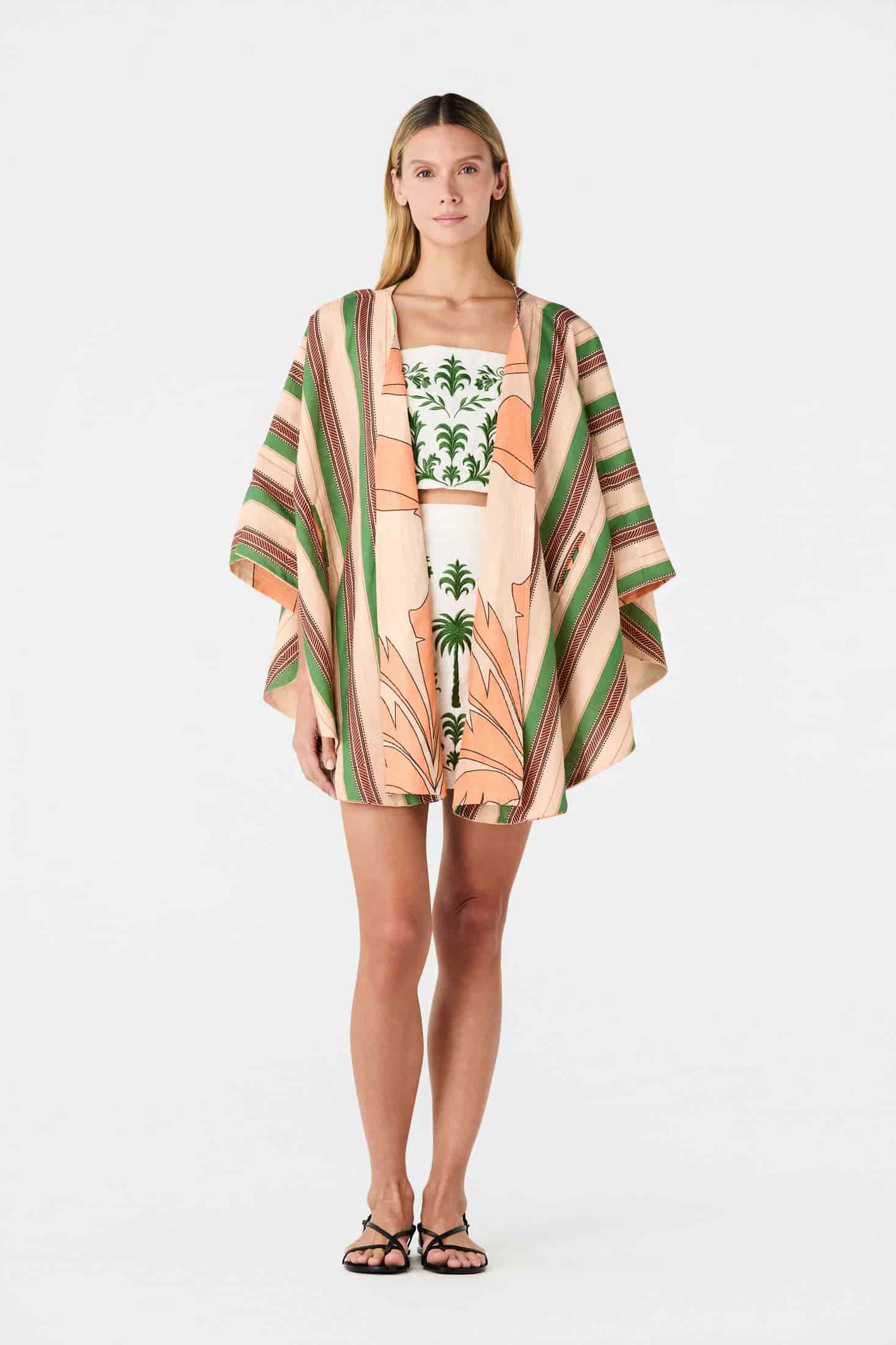 Cavalo Linen Poncho / Peach Palms - Green Artisanal Stripes - miniatura 7