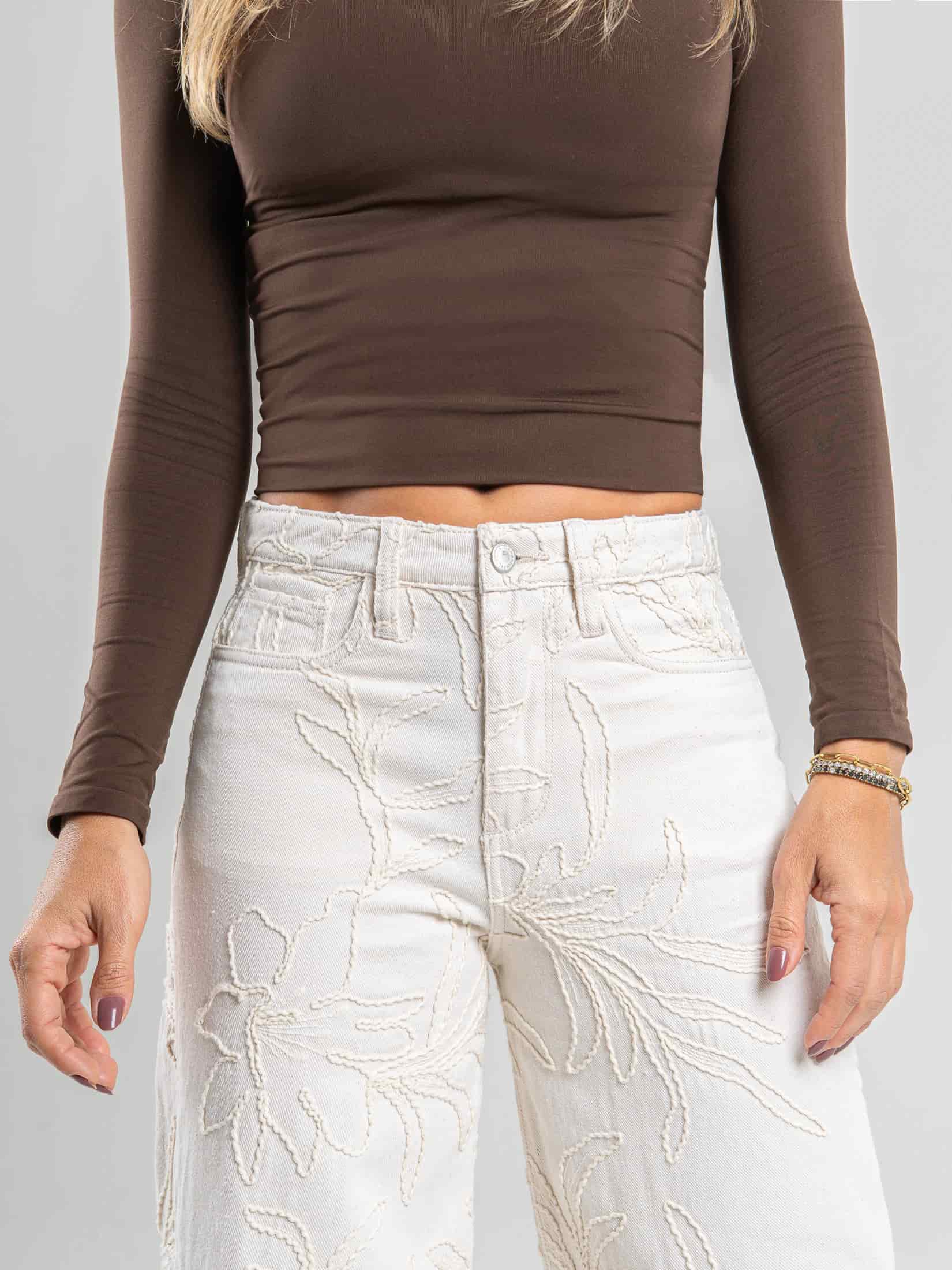 Ref: 0620284 Pantalón wide leg, tiro medio, tela bordada, tono natural - miniatura 2
