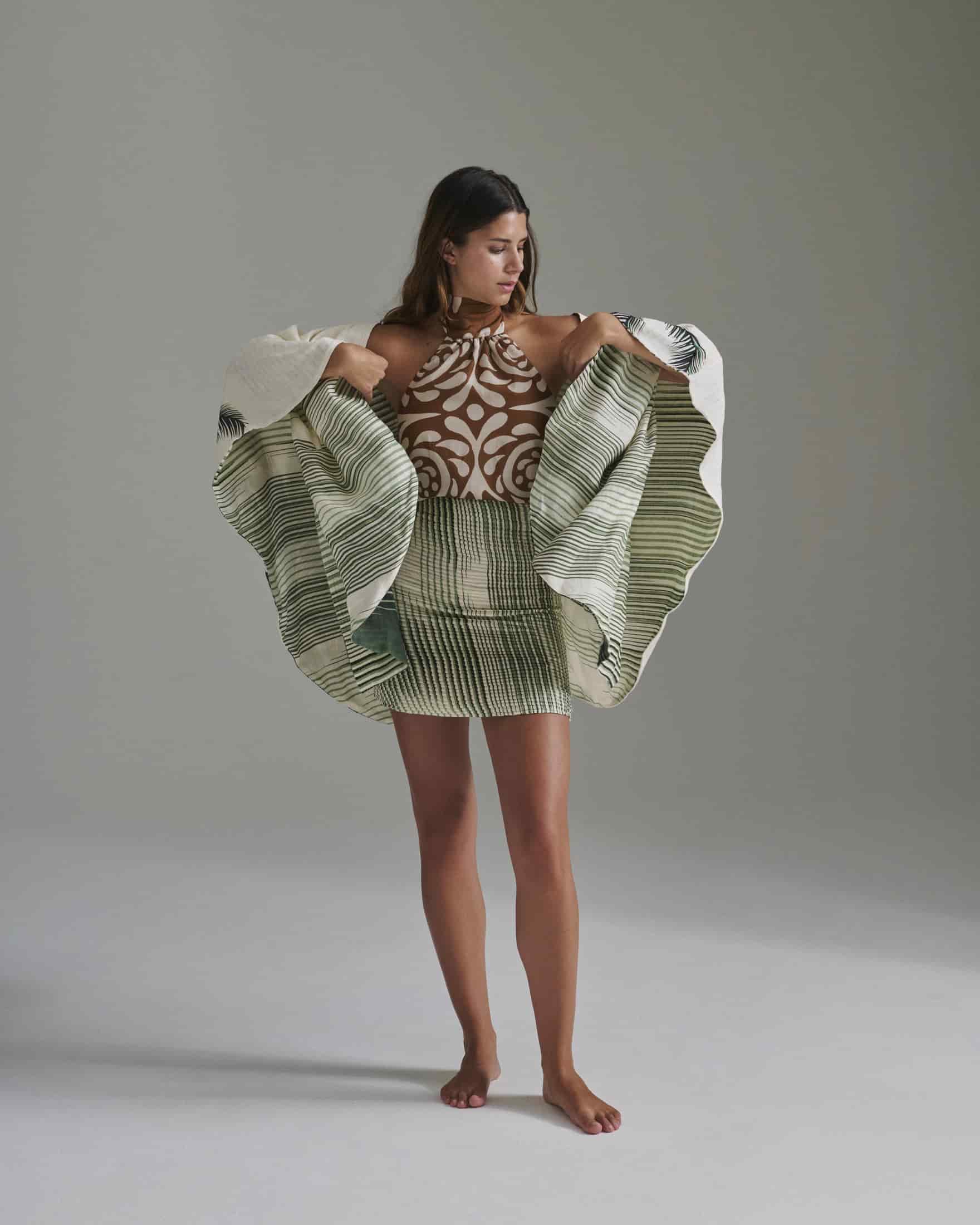 Bianca Pleated Linen Mini Skirt / Green Stripes - miniatura 2