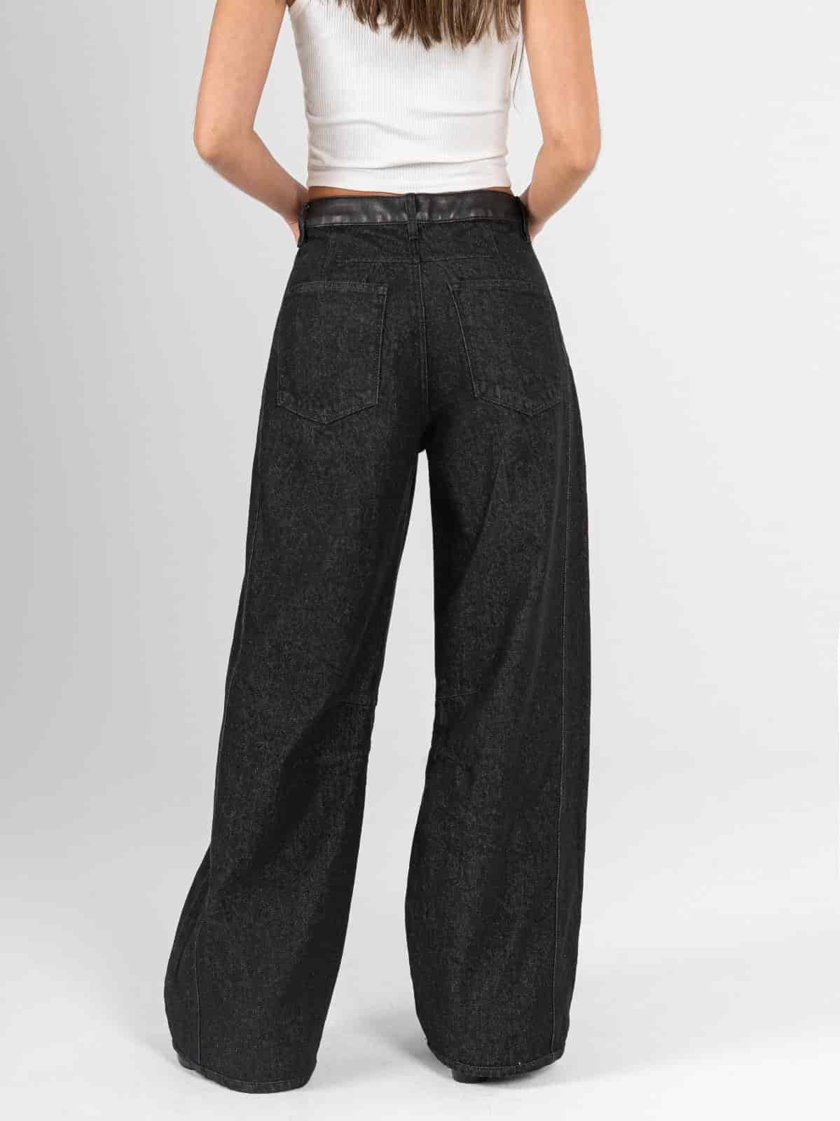 Ref: 066505 Jean wide leg, tiro alto, rígido, pretina tipo cuero, tono gris oscuro. - miniatura 3