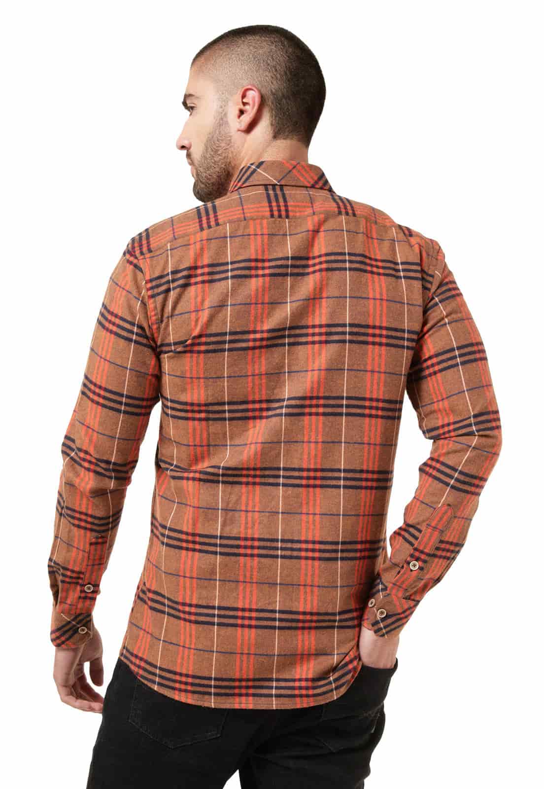 Camisa leñadora camel con naranja y negro doble bolsillo - miniatura 2