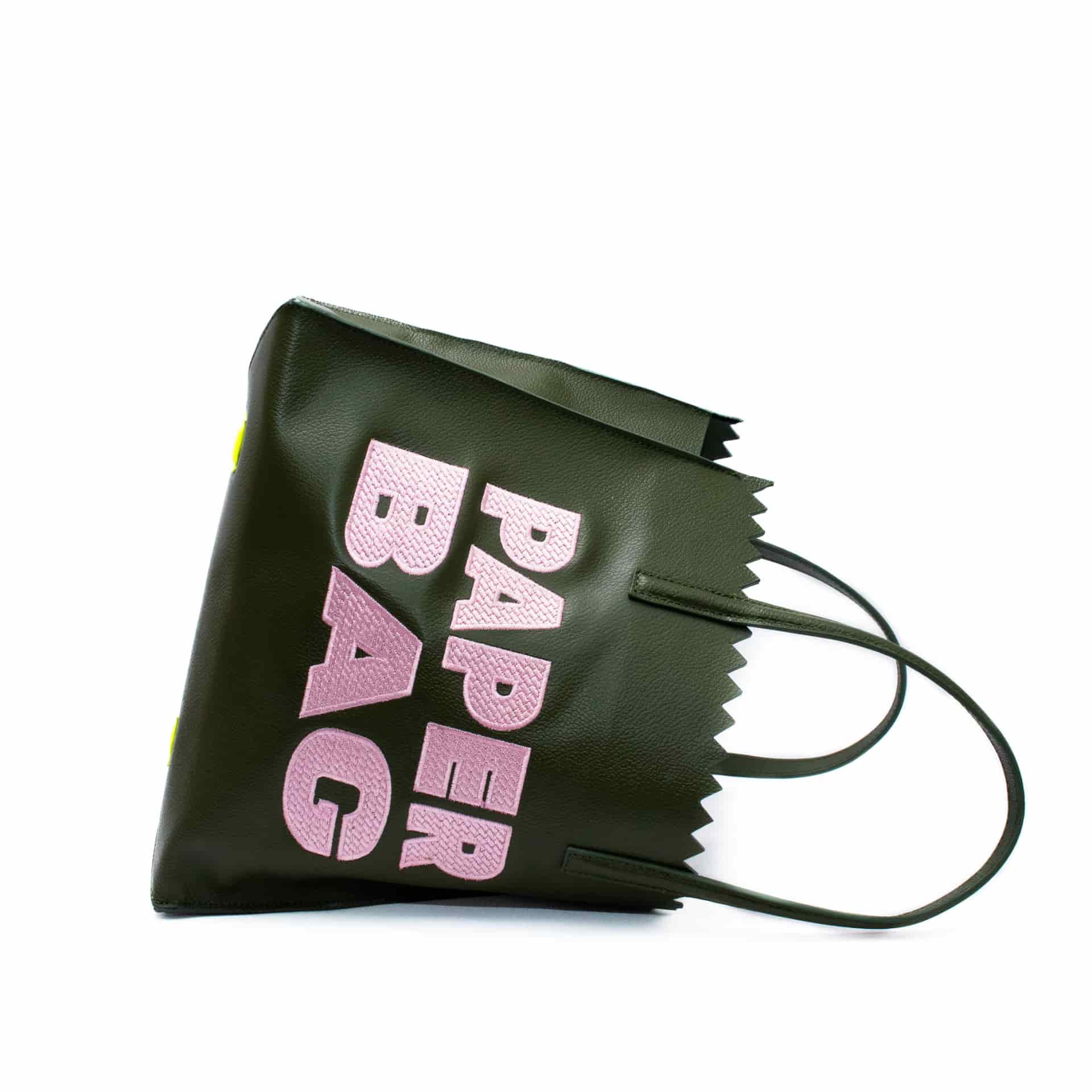 PAPER BAG SHORT - verde olivo x bordado rosa - miniatura 2