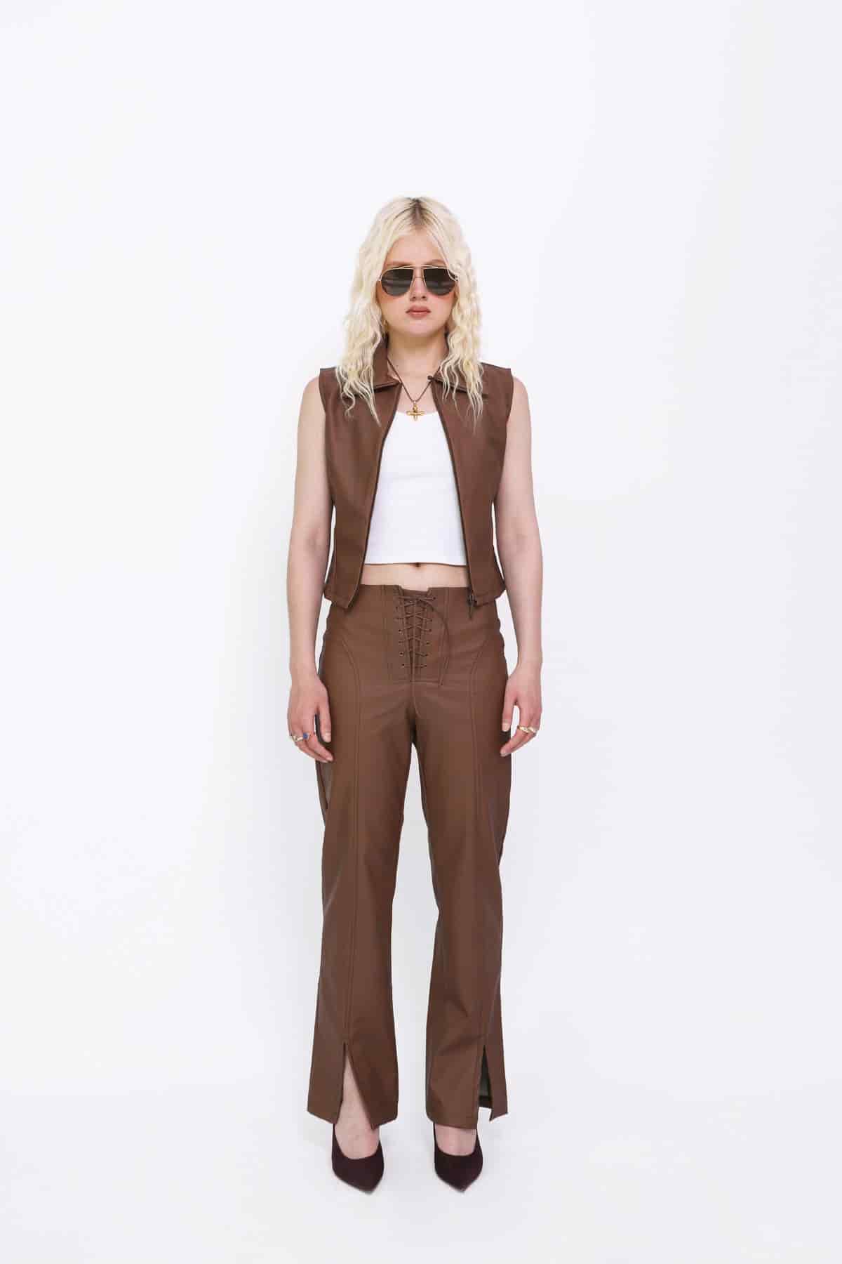 Zip Top in Brown Leather - miniatura 2