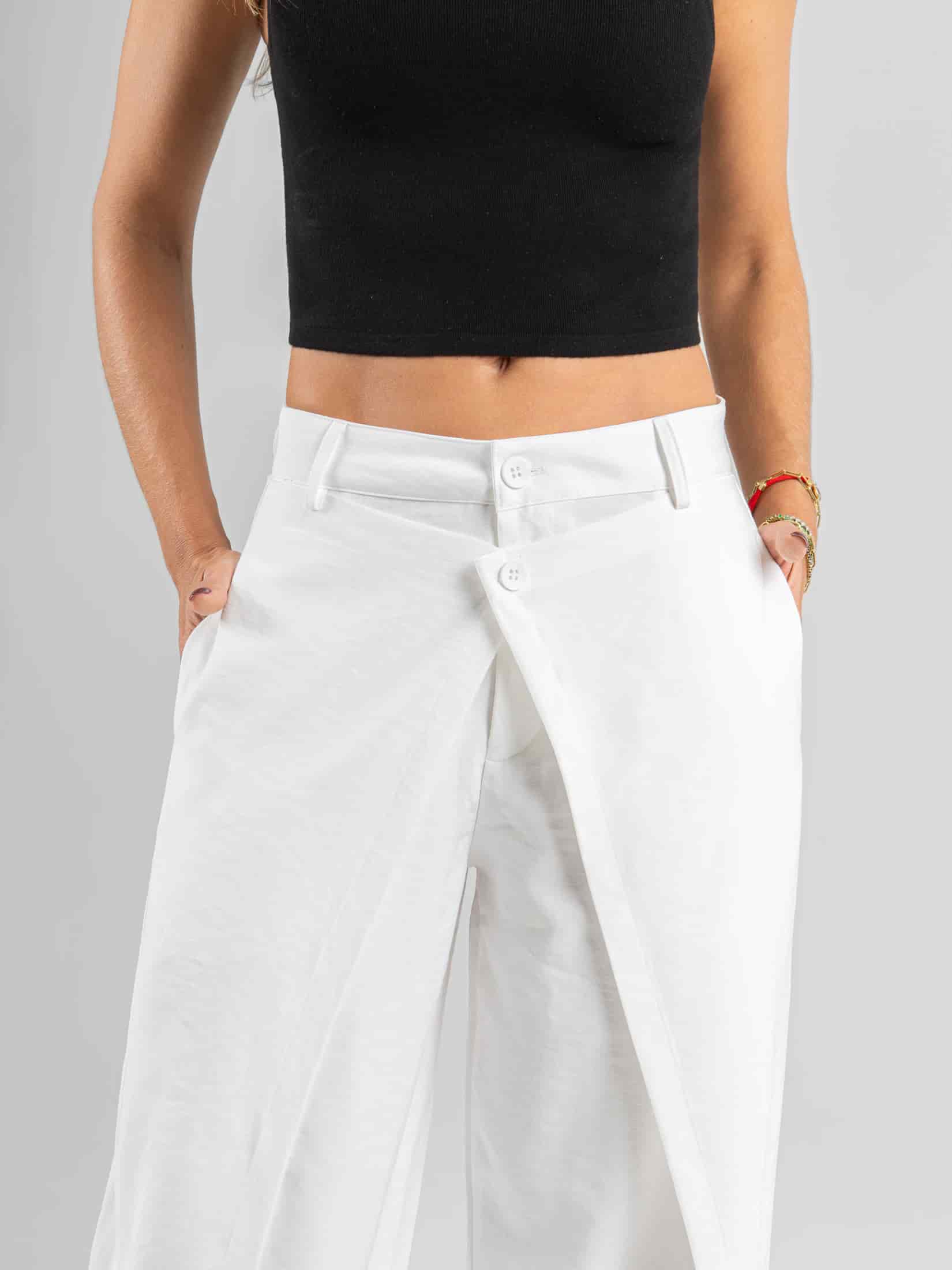 Ref: 0620550 Pantalón wide leg, tejido plano liviano, tiro alto, detalle delantero, tono ivory - miniatura 2