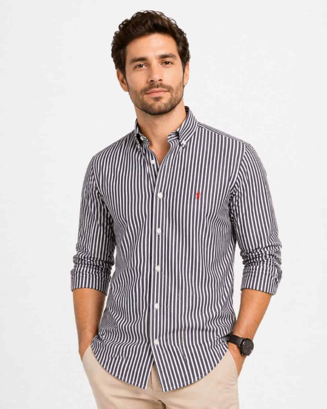 Camisa 100% Algodón Manga Larga Azul Oscuro Rayas Blancas - miniatura 1