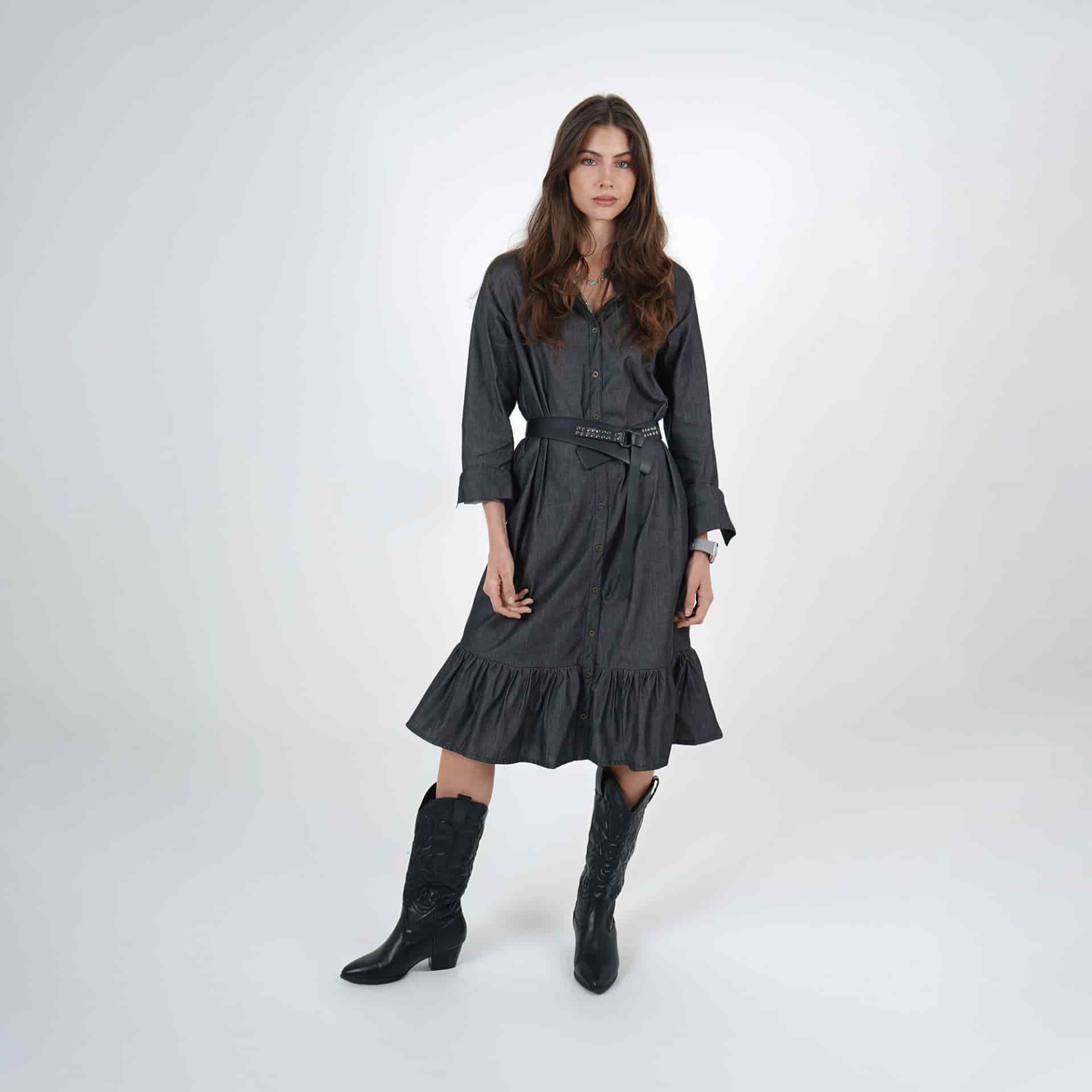 Vestidi midi camisero en denim con lazo - miniatura 1