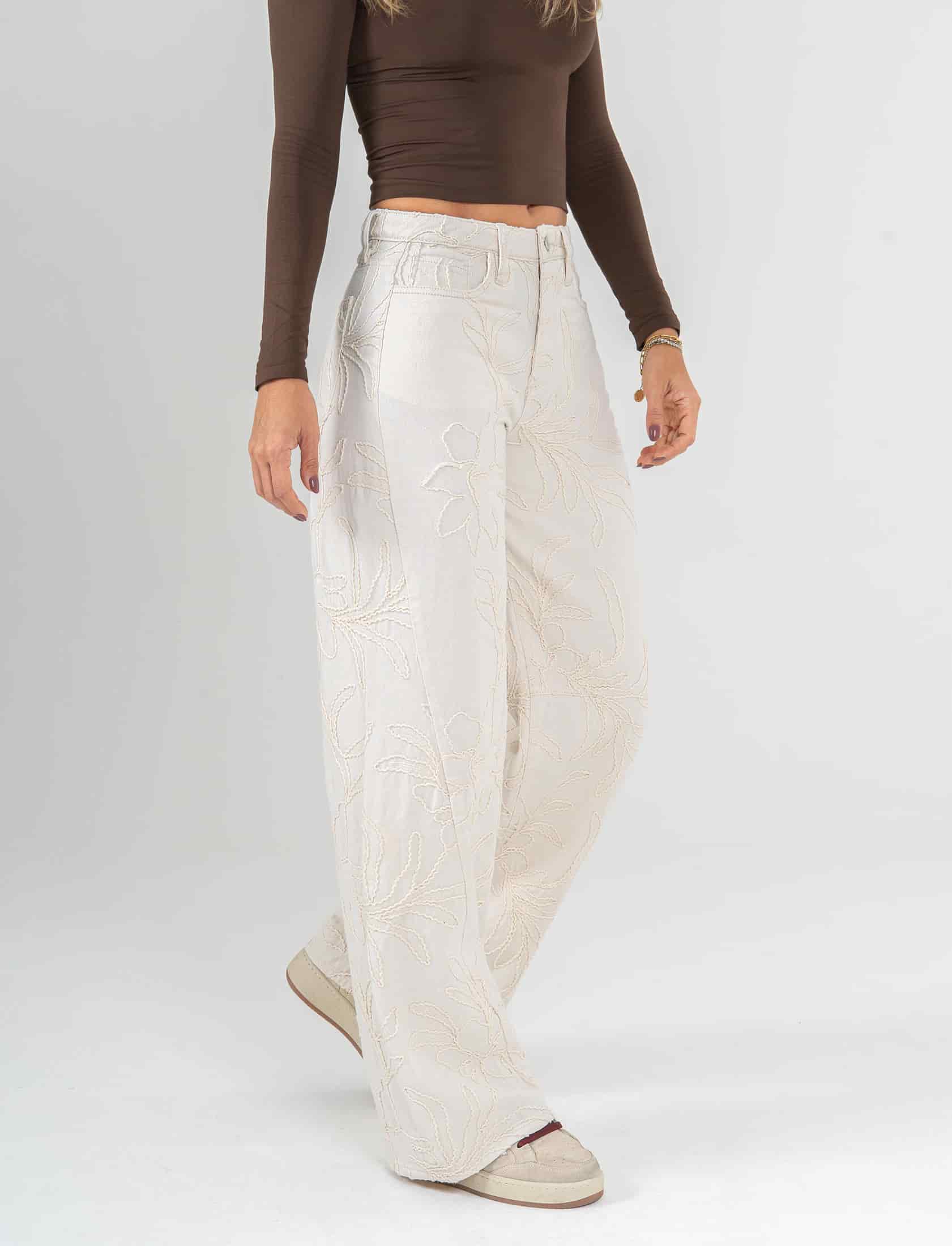 Ref: 0620284 Pantalón wide leg, tiro medio, tela bordada, tono natural - miniatura 4