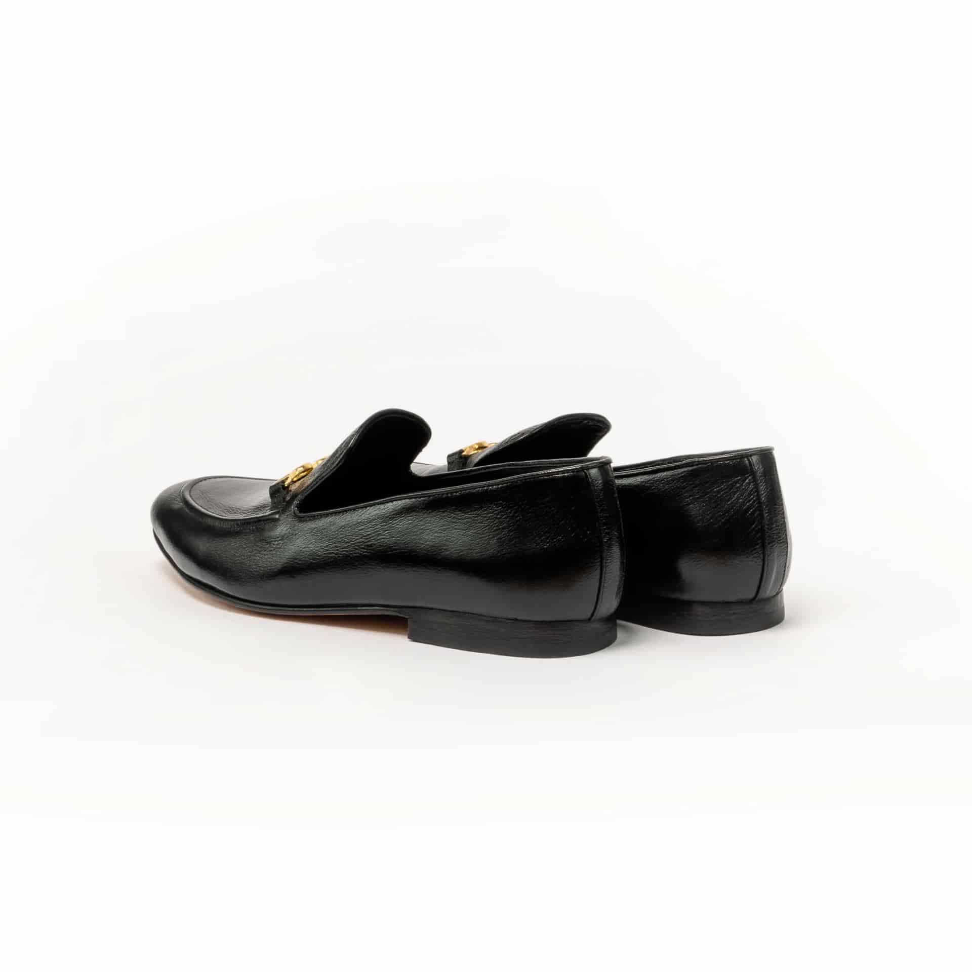 Loafers cuero negro hebilla trenzada dorada - miniatura 3